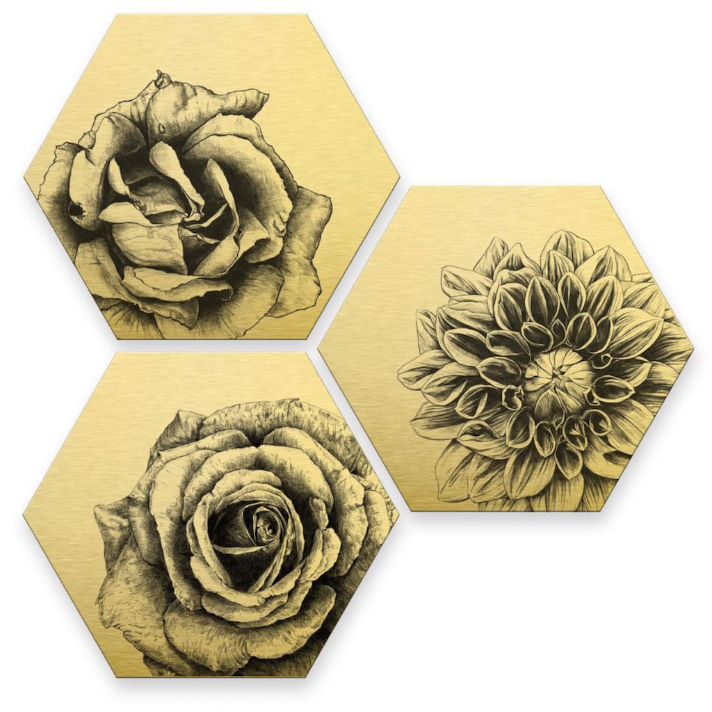 Wall-Art Mehrteilige Bilder »Florales Blumen Set Goldeffekt«, (Set, 3 St.)