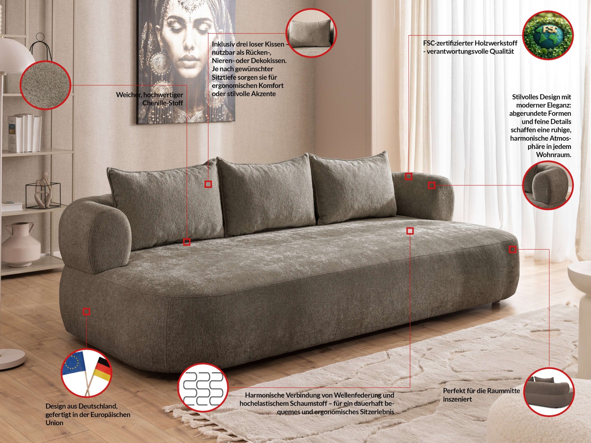 Thumbnail - Home affaire Big-Sofa "LUSSAC 4-Sitzer Design-Sofa mit Zierkissen, Maße B/T/H: 242/123/78 cm" hoher Sitzkomfort und mode...
