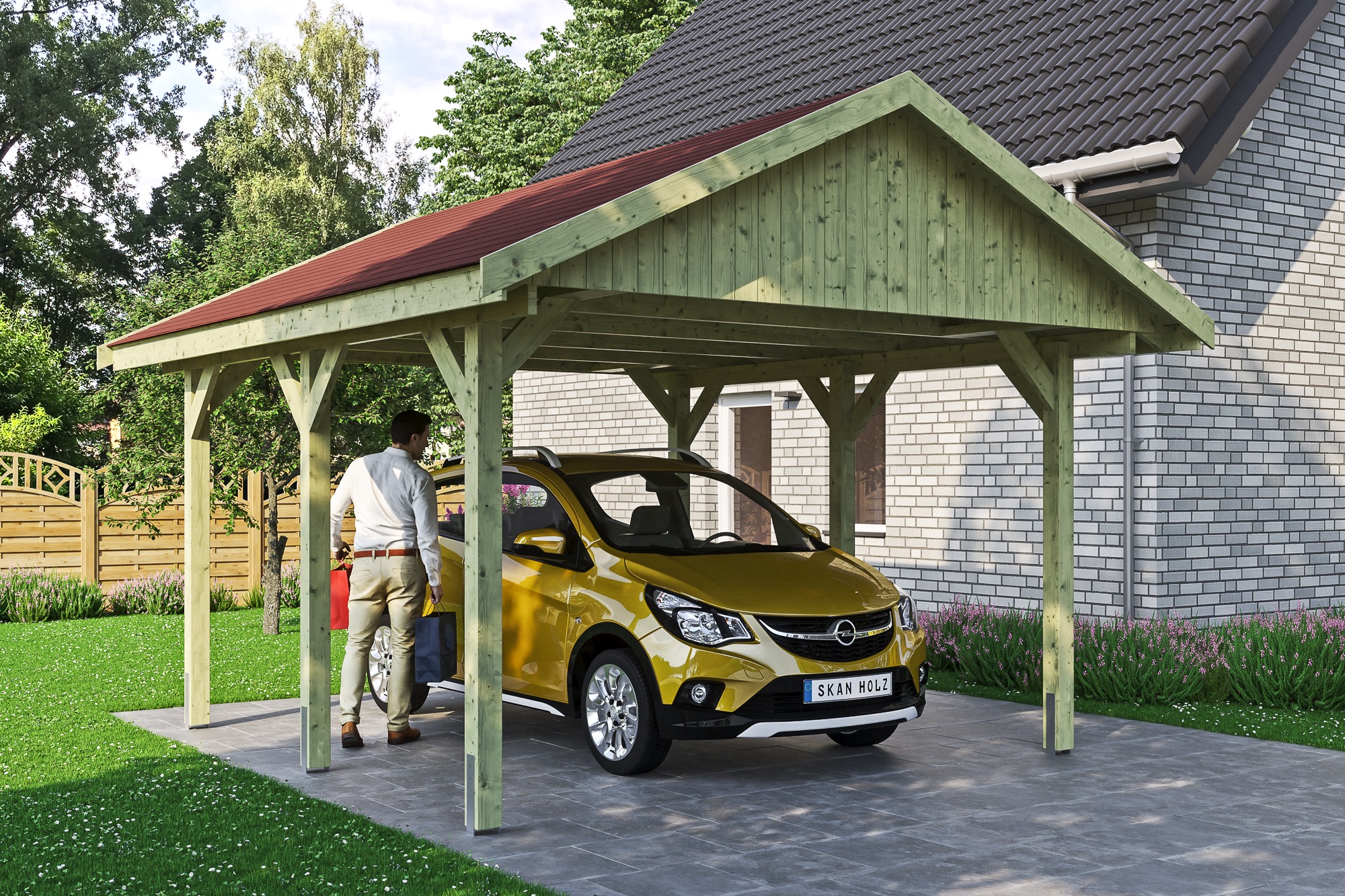 Skanholz Einzelcarport »Wallgau«, Nadelholz, 340 cm, Grün, mit roten Dachschindeln