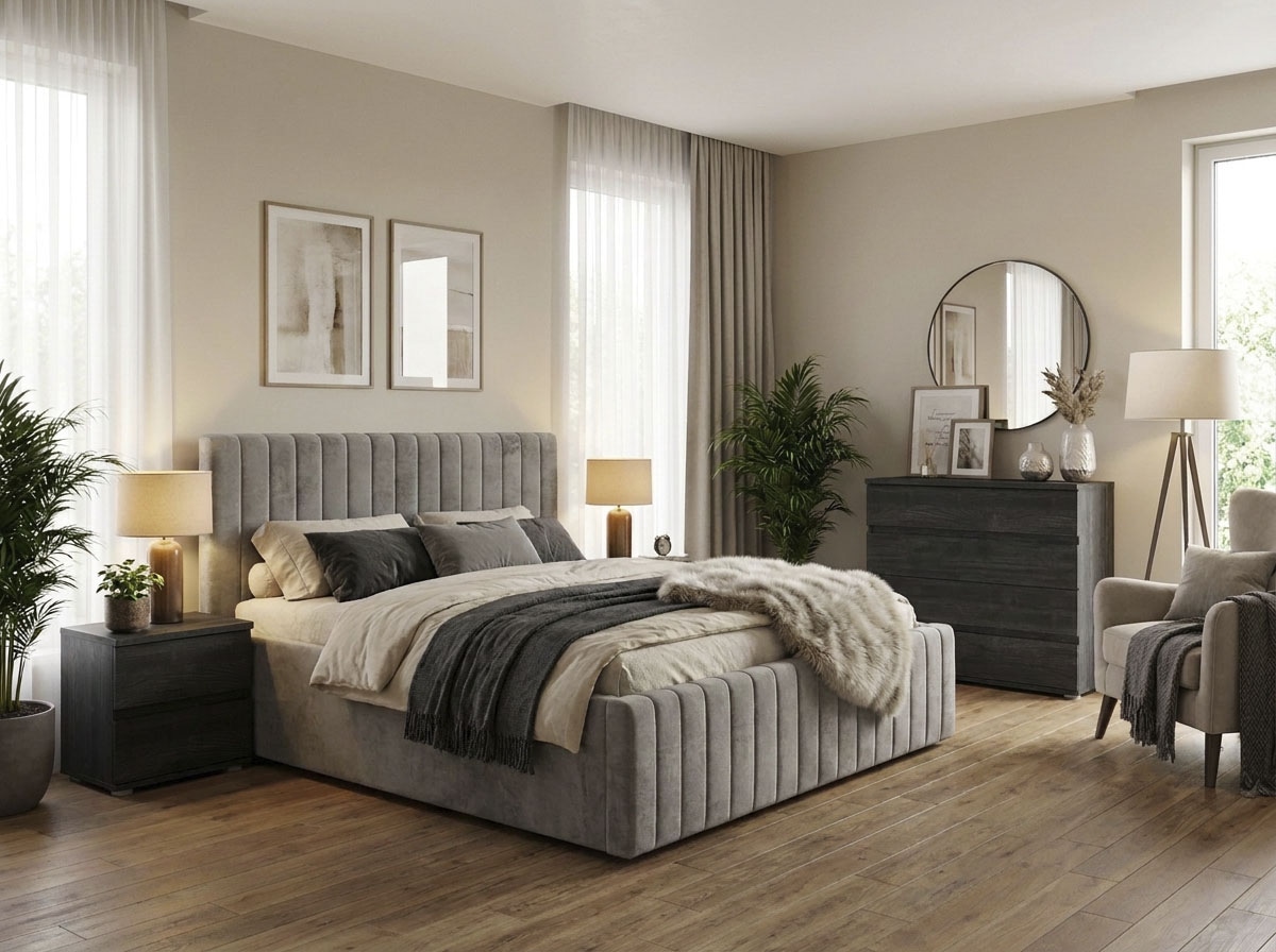 OTTO home Polsterbett "MOIVRE, vertikale Steppung in Rillenoptik, wahlweise mit Bettkasten" Stauraumbett, gepolstertes Kopfteil, ohne Matratze, modernes Design