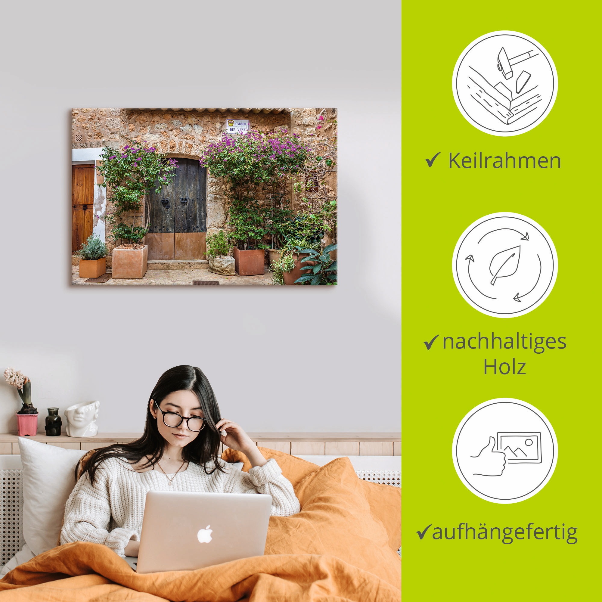 Artland Leinwandbild »Altstadtgasse im Dorf Fornalutx Mallorca«, Fenster & Türen, (1 St.), auf Keilrahmen gespannt