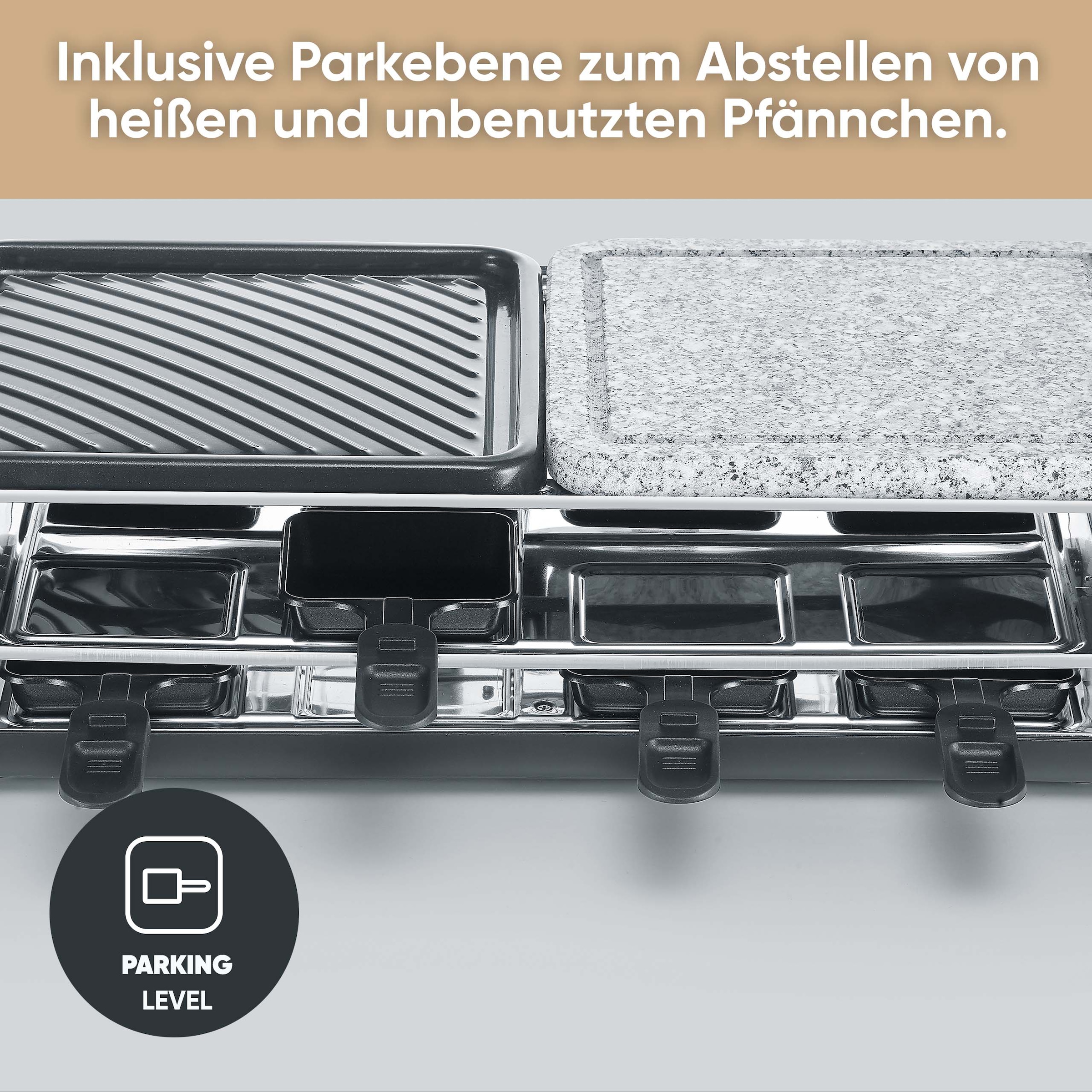 Severin Raclette »RG 2366« 8 Stk. Raclettepfännchen 1.300 W für 8 Personen, Naturgrillstein & antihaftbeschichtete Grillplatte