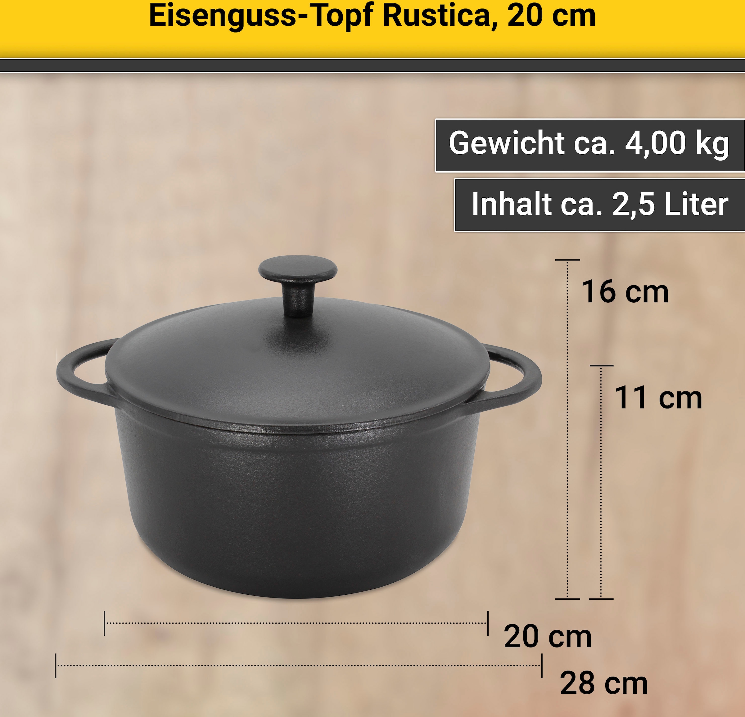 Krüger Fleischtopf »Eisenguss Fleischtopf mit Deckel RUSTICA, 20 cm«, Gusseisen, (1 tlg.), für Induktions-Kochfelder geeignet