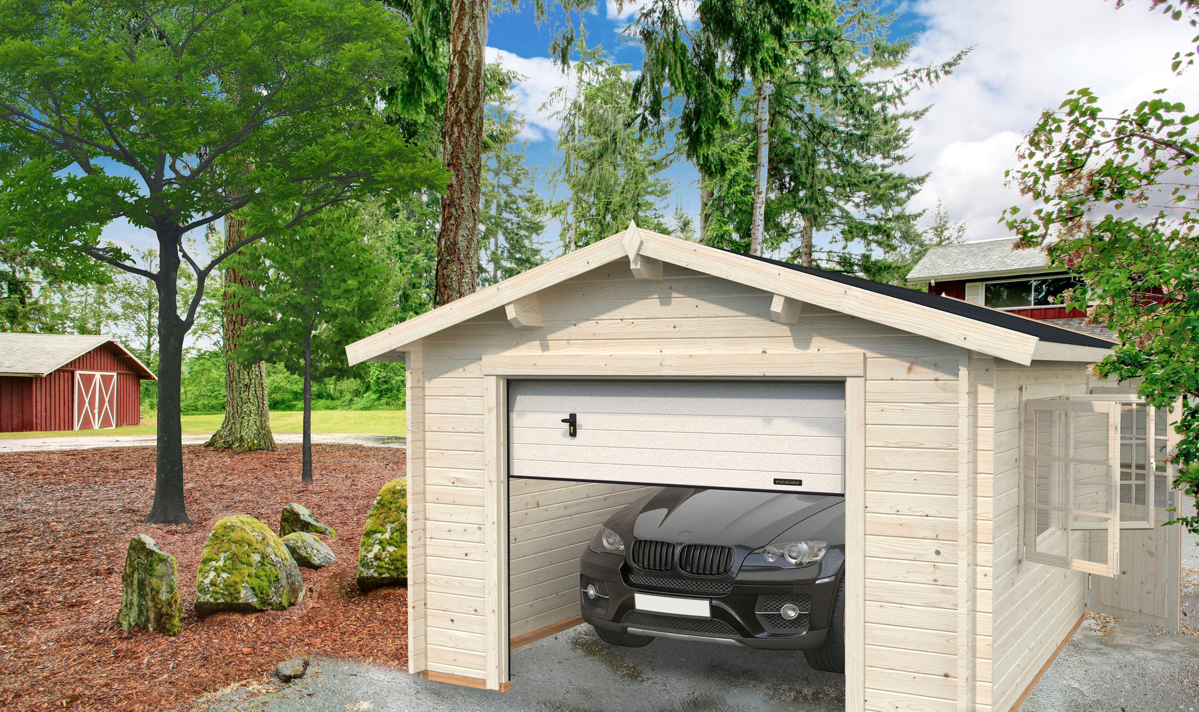 Palmako Roger 3.6m x 5.5m Log Cabin Single Garage (44mm) - Up and Over Door
