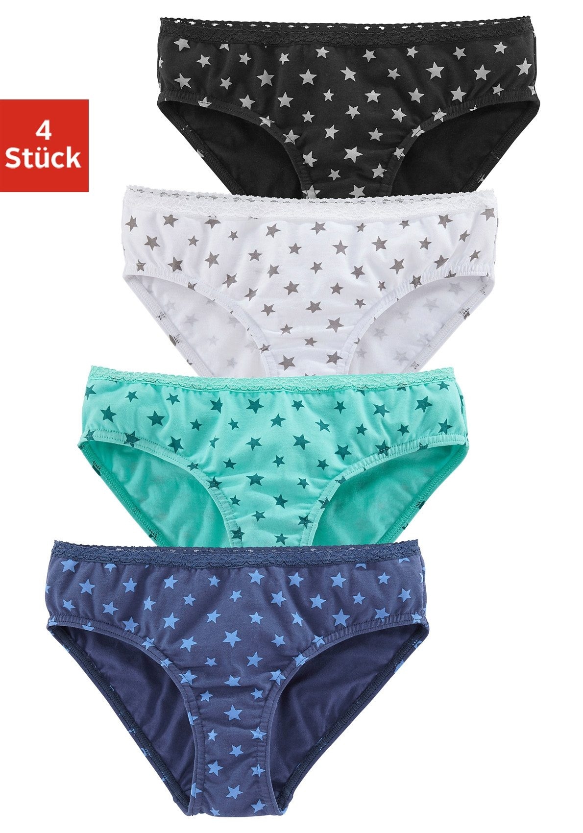 petite fleur by Lascana Slip Packung, 4 Stk. gemustert mit Sternendruck, Spitze am Bund, Baumwollmischung