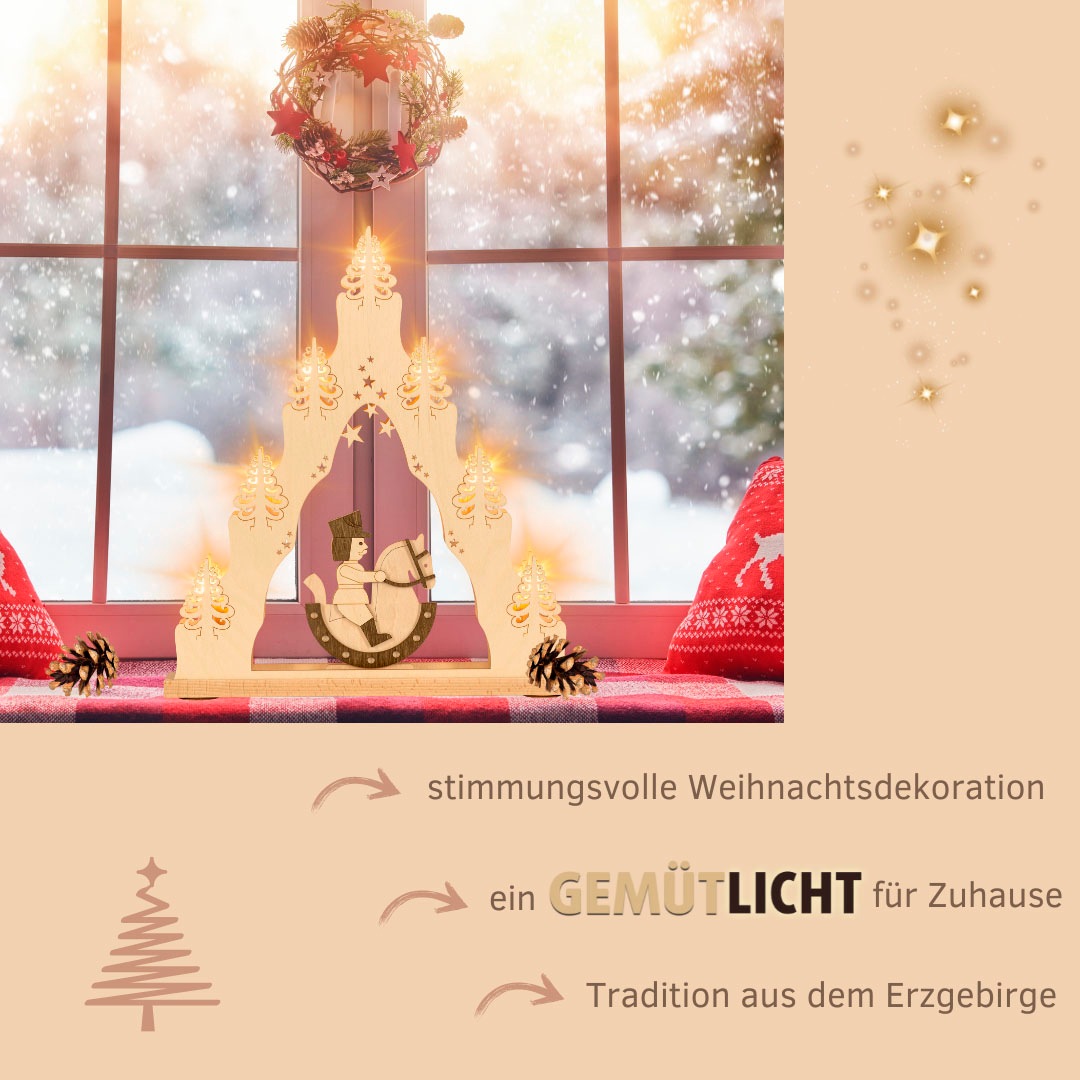 Weigla LED Schwibbogen »LED Reiterlein, Lichterspitze aus Holz, NATUR-BRAUN«, Erzgebirge garantiert, Weihnachtsdeko Innen, Weihnachtsbeleuchtung