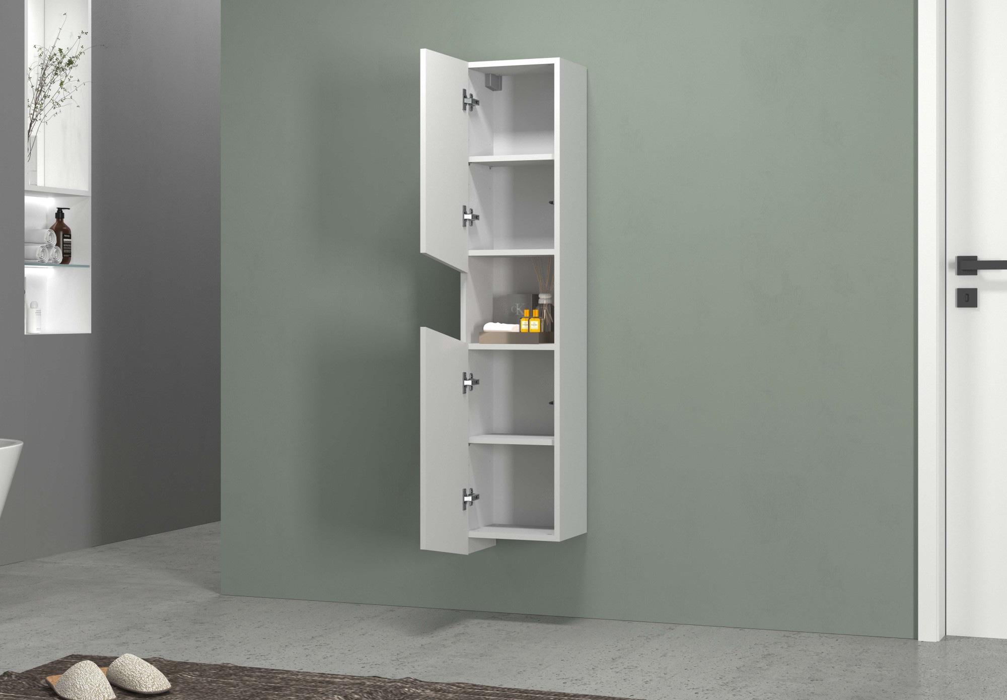 welltime Hochschrank »Vela, Hochschrank, Badschrank schmal, Badezimmerschrank, hängend« 1 Stk. tlg. Breite 30 cm, 2 hochglanzlackierte Türen, 5 verstellbare Fächer