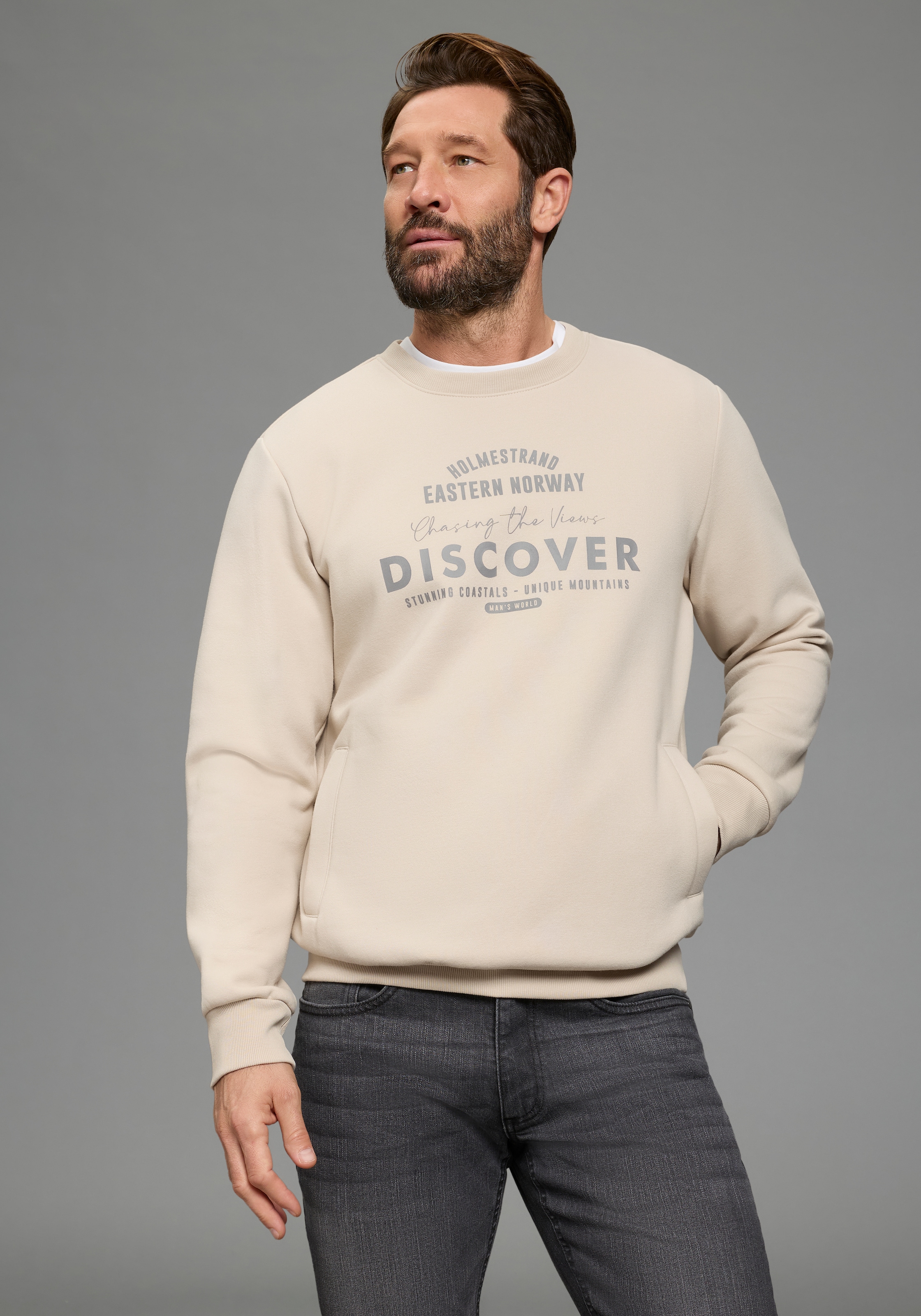 Mans World Sweatshirt, mit Eingrifftaschen, Rundhalsausschnitt, Langarm-Des günstig online kaufen