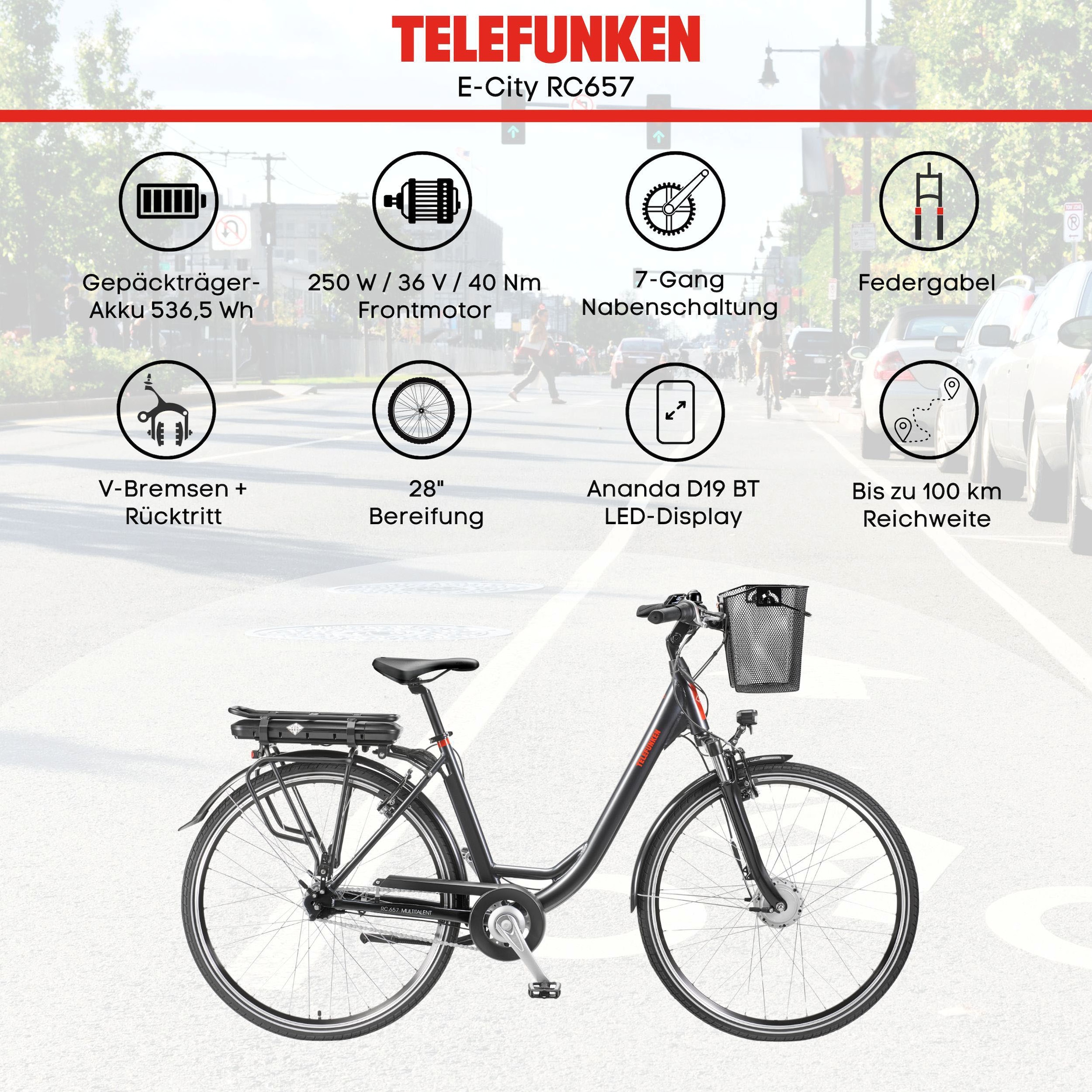 Telefunken E-Bike »Multitalent RC657«, 7 Gang, Shimano, Nexus, Frontmotor 250 W, Pedelec, Elektrofahrrad für Damen u. Herren