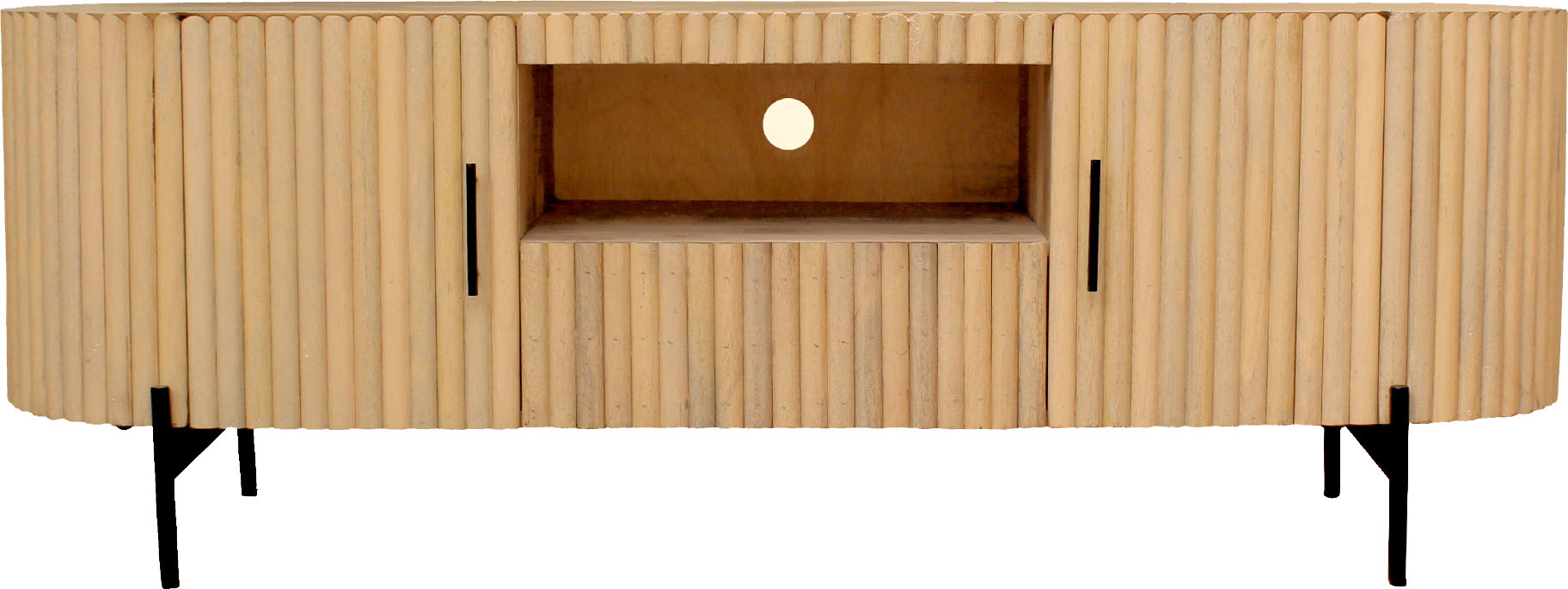SIT TV-Board "Sapa aus Mangoholz mit Lamellen-Design, 2 Türen & Schublade" 1 Stk. tlg. Offenes HiFi-Fach mit Kabeldurchführung & 20 cm Metallfüßen