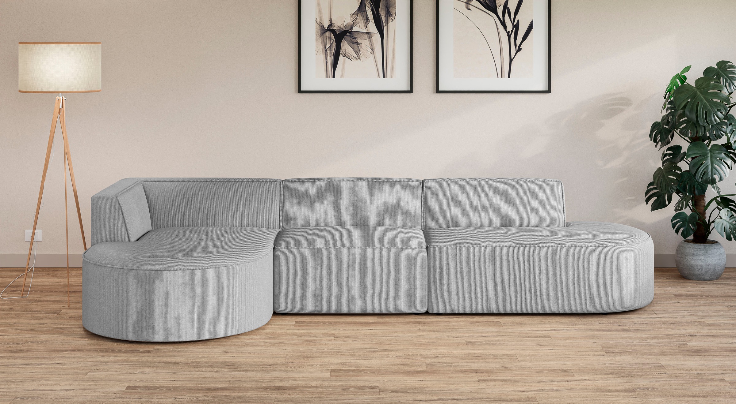 andas Ecksofa »EIVIND Designer Sofa mit Ottomane rechts/links, B/T/H: 343/159/72 cm«, L-Form mit Wellenunterfederung, auch in Feincord und Bouclé