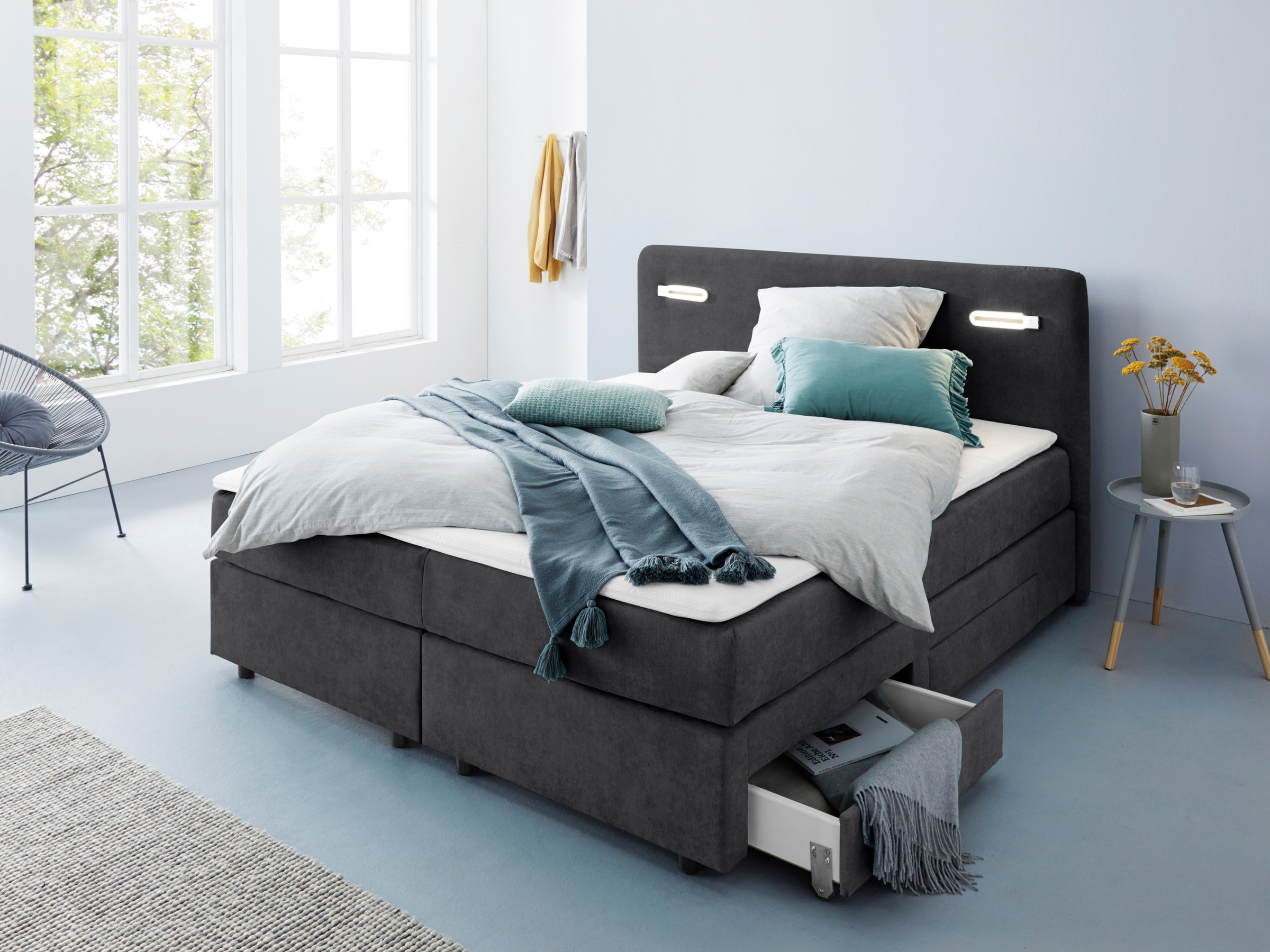 INOSIGN Boxbett »Luan«, Schubkästen, LED-Beleuchtung und Topper, in Breite 120 cm und 180 cm