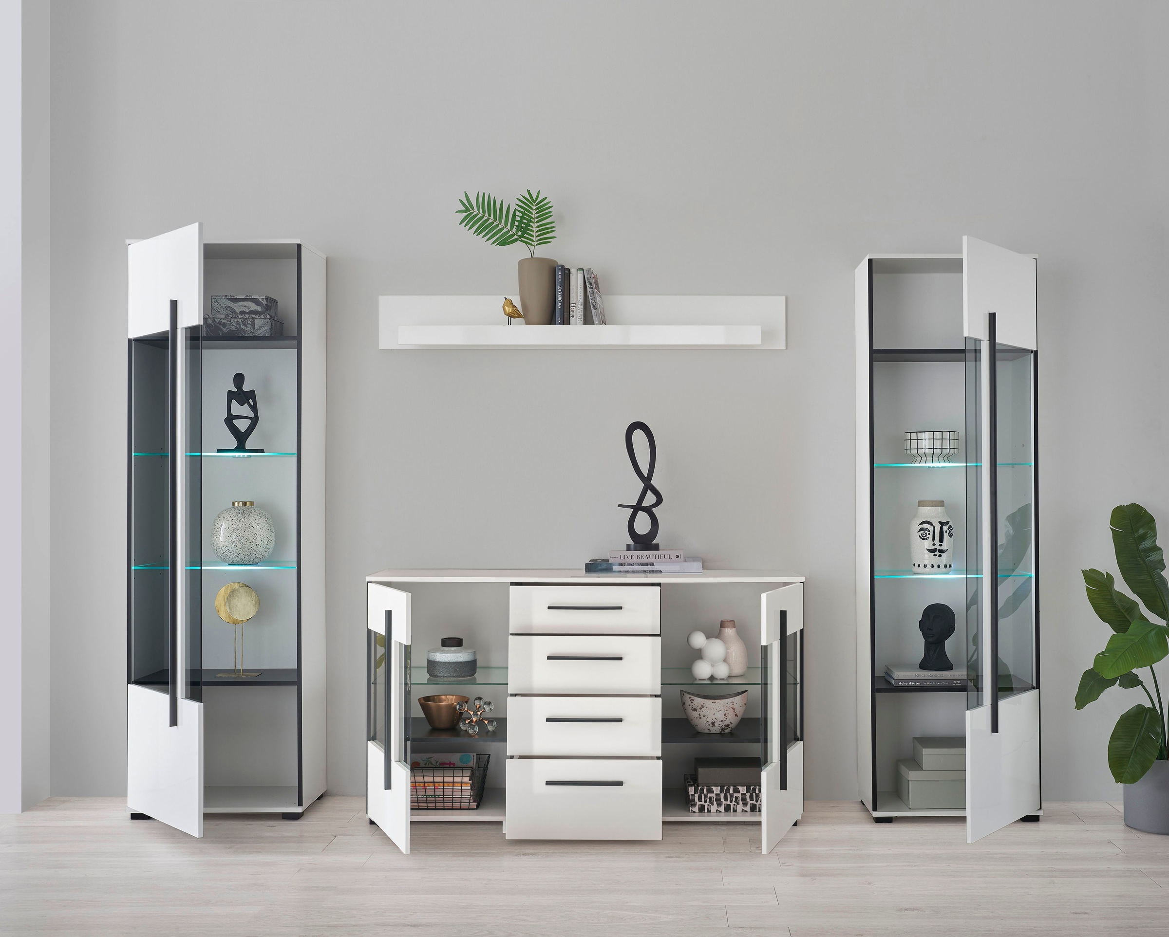 INOSIGN Wohnwand »Cantara, moderne Anbauwand, Wohnzimmer-Set, in Eiche Evoke oder Weiß«, (Set), enthält zwei Vitrinen, ein Sideboard und ein Wandboard