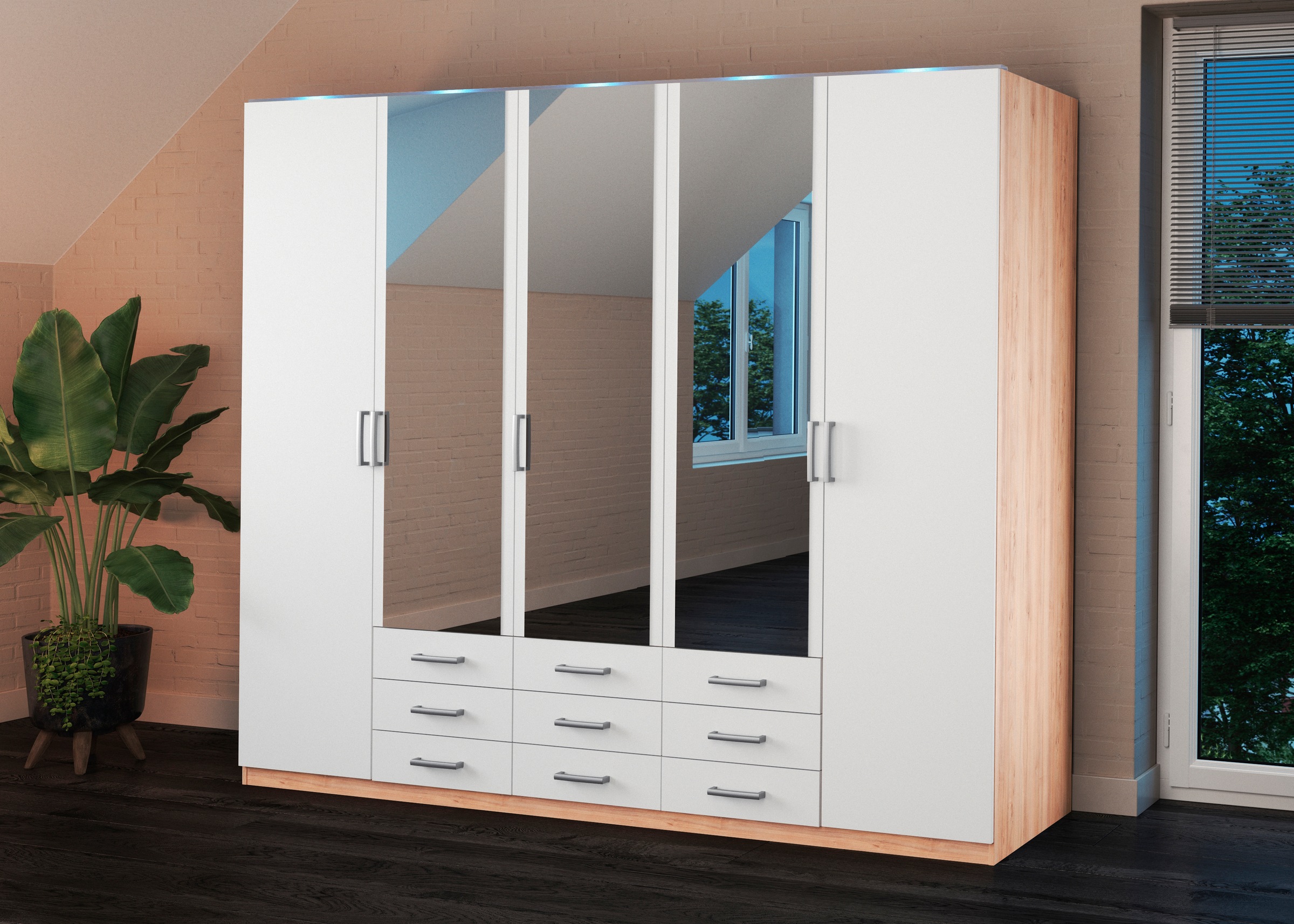 priess Kleiderschrank "Amsterdam, viel Stauraum durch viele Schubkästen, Spiegeltüren" Optional mit LED-Beleuchtung, Made in Germany