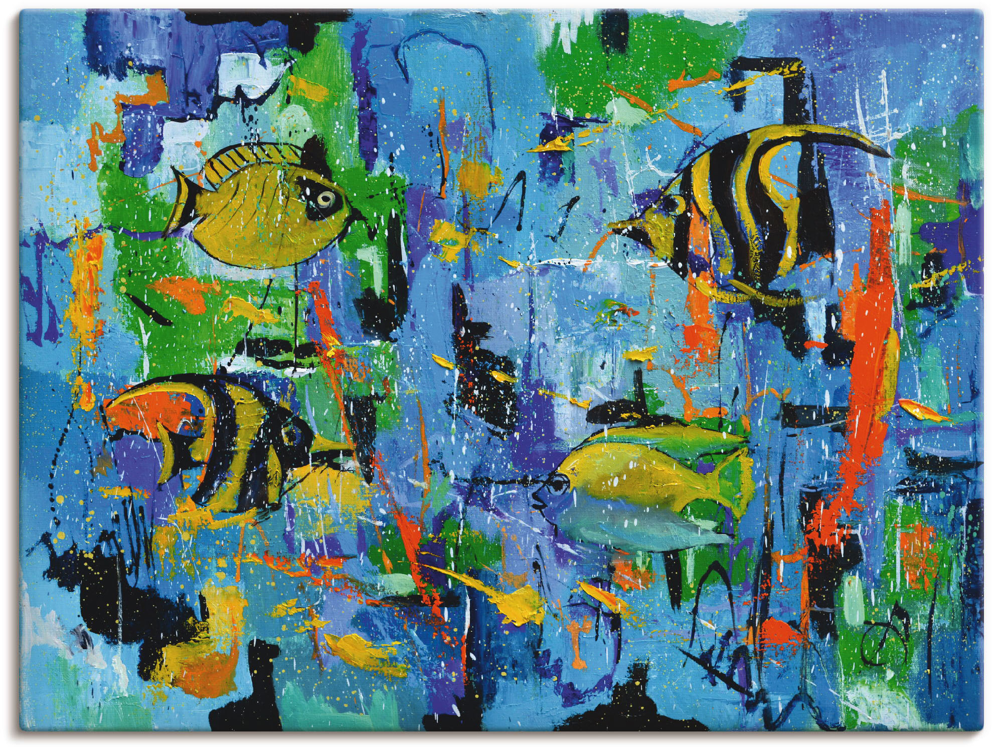 Artland Leinwandbild "Abstrakt Fische Blau" Wassertiere 1 Stk. tlg. auf Holzrahmen gespannt
