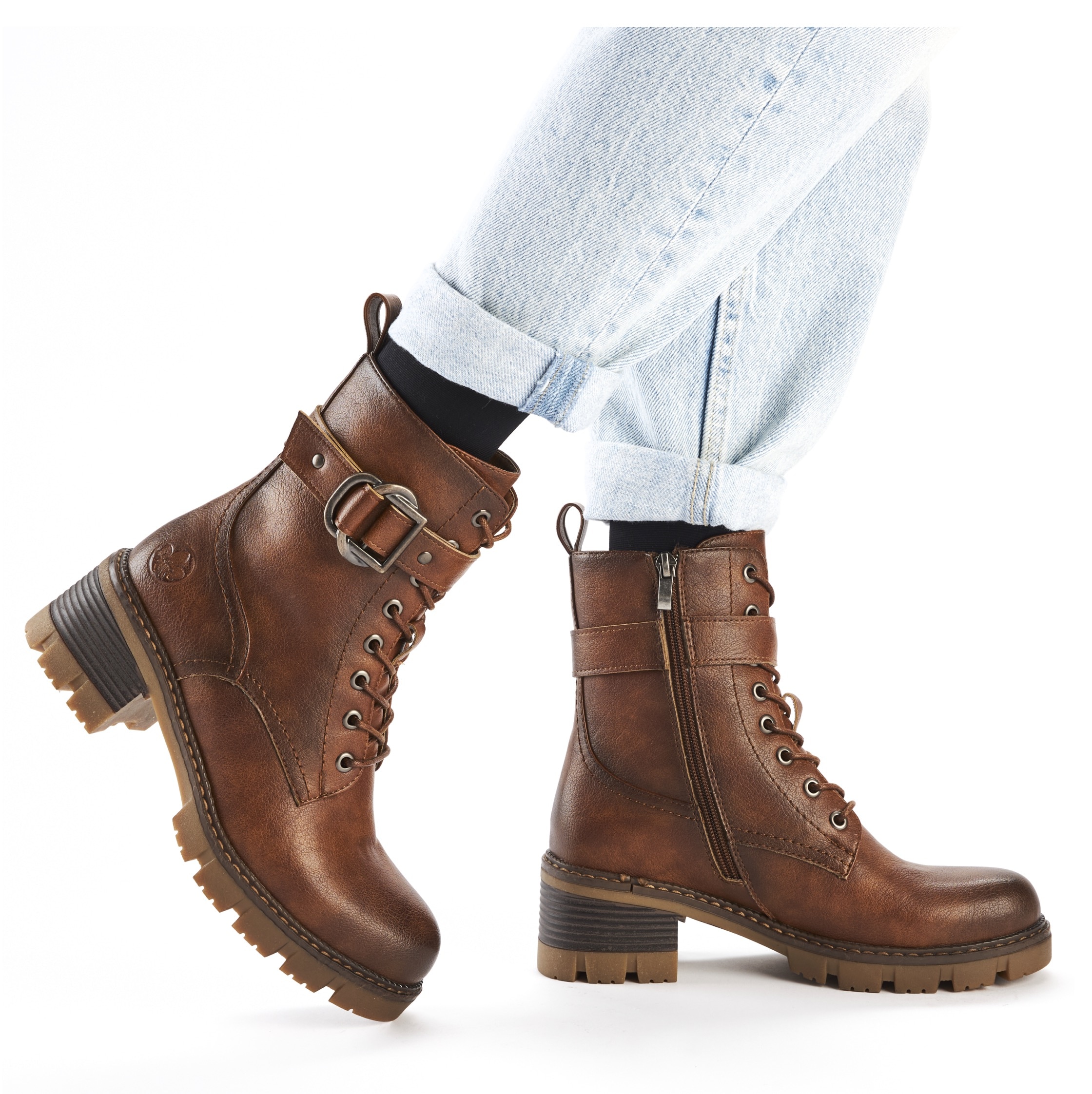 Rieker Schnürstiefelette, Schnürboots, Bikerboots, Blockabsatz, mit verstellbarer Schnalle
