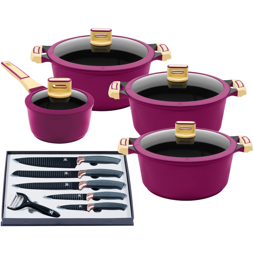 KING Topf-Set »GOURMET«, Aluminiumguss, (Set, 14 tlg., je 1 Kochtopf 18/20/24 cm, 1 Stieltopf 16 cm, Messer-Set)