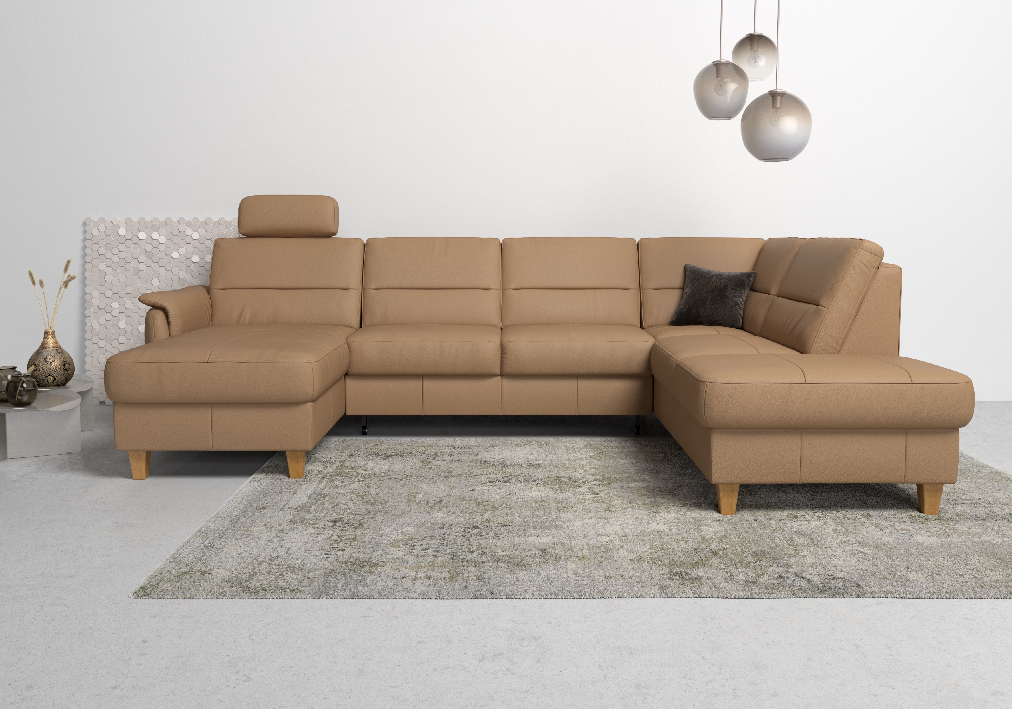 Home affaire Wohnlandschaft "Palmera U-Form, B: 308 cm, große Stoff + Leder Auswahl" mit Schlaffunktion & Bettkasten, Federkern, XXL-Wohnlandschaft
