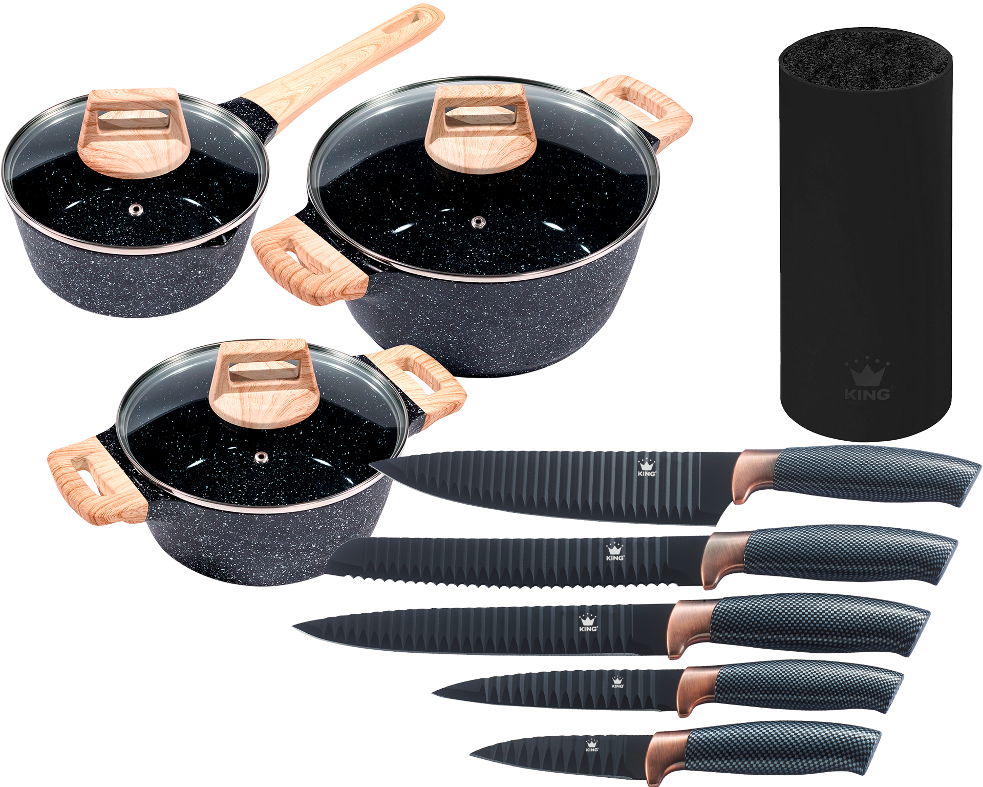 KING Topf-Set ""ESSENTIAL" Aluminiumguss, Induktion, Antihaftbeschichtung" Set, 2 Töpfe, 1 Stieltopf, 3 Glasdeckel, 12 Stk. tlg. Aluminiumguss