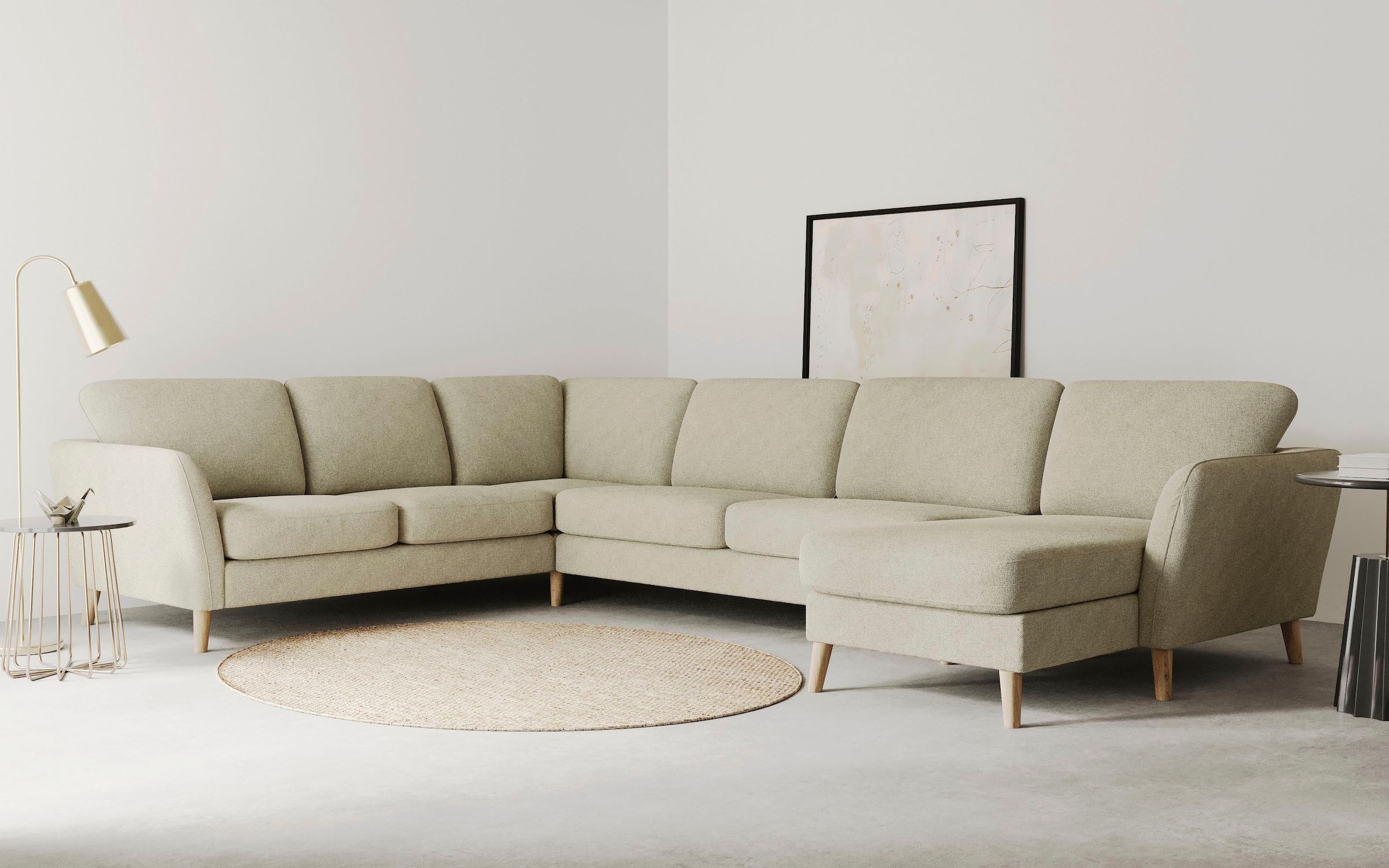 OTTO home Wohnlandschaft "MARSEILLE XXL 349cm, U-Form, Ottomane rechts/links wählbar" Massivholzbeine Eiche, Landhausstil, Wellenunterfederung