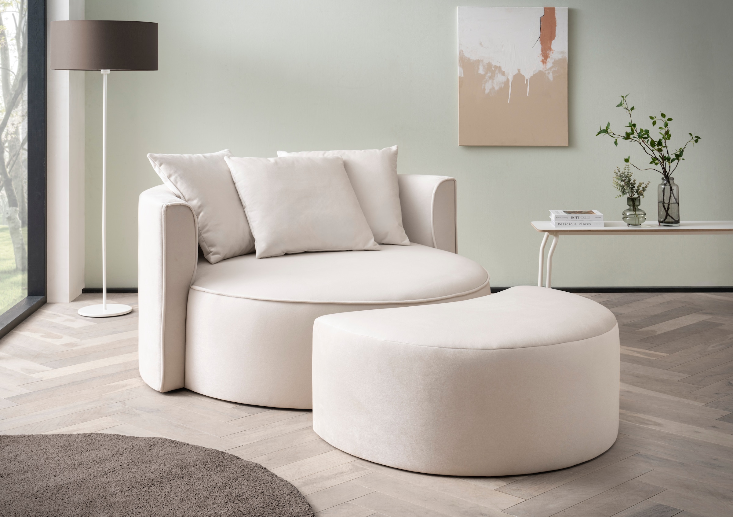 LeGer Home by Lena Gercke XXL-Sessel »Isalie, Rundsessel mit Hocker, Lesesessel, Loveseat, Big-Sessel«, (Set), trendige Stoffe, mit 3 Zierkissen, große Sitzfläche