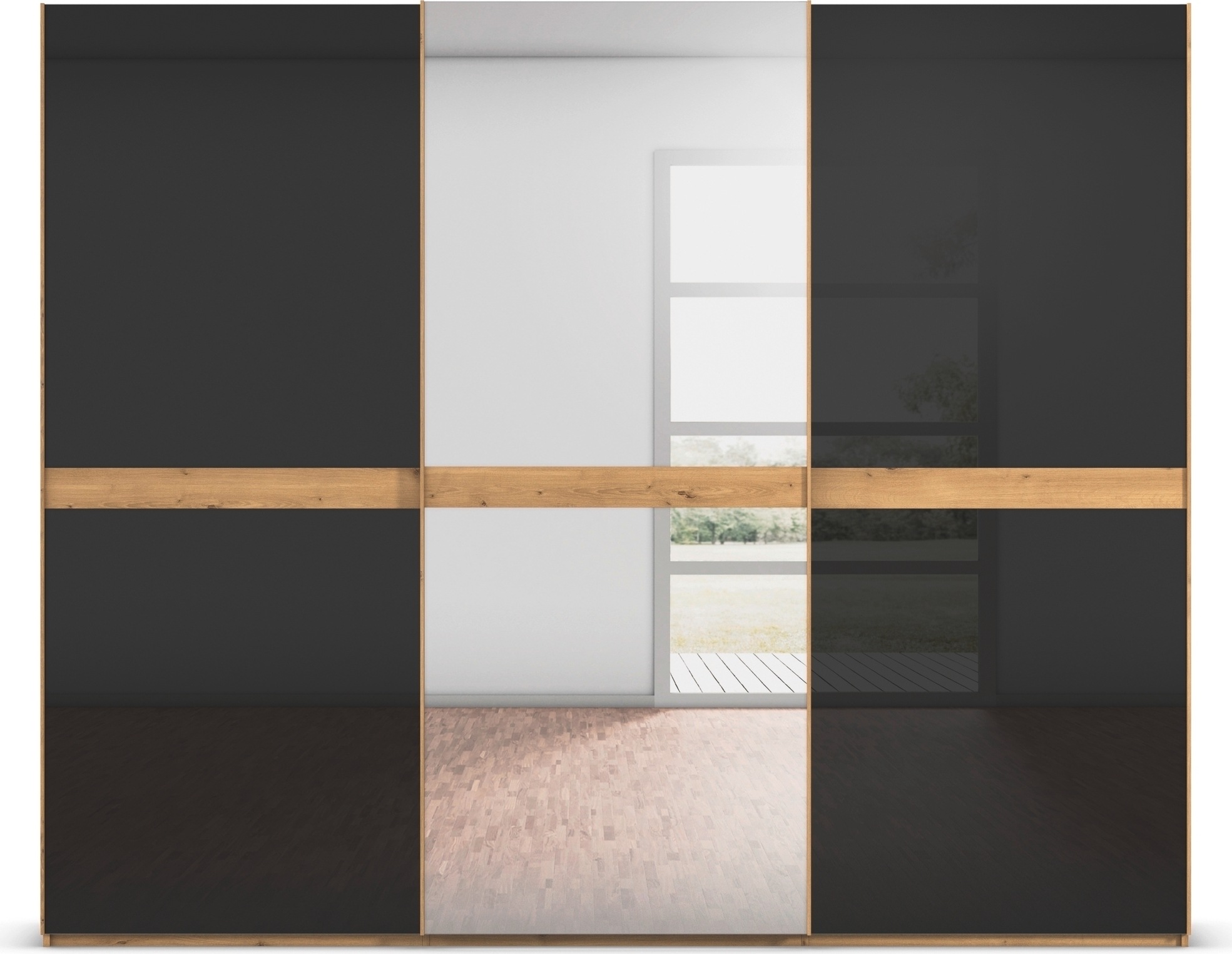 rauch Schwebetürenschrank »Kleiderschrank Schrank Garderobe Schlafzimmerschrank SCALE-LINE«, edle Optik mit Bauchbinde mit Glas/Spiegel-Front MADE IN GERMANY