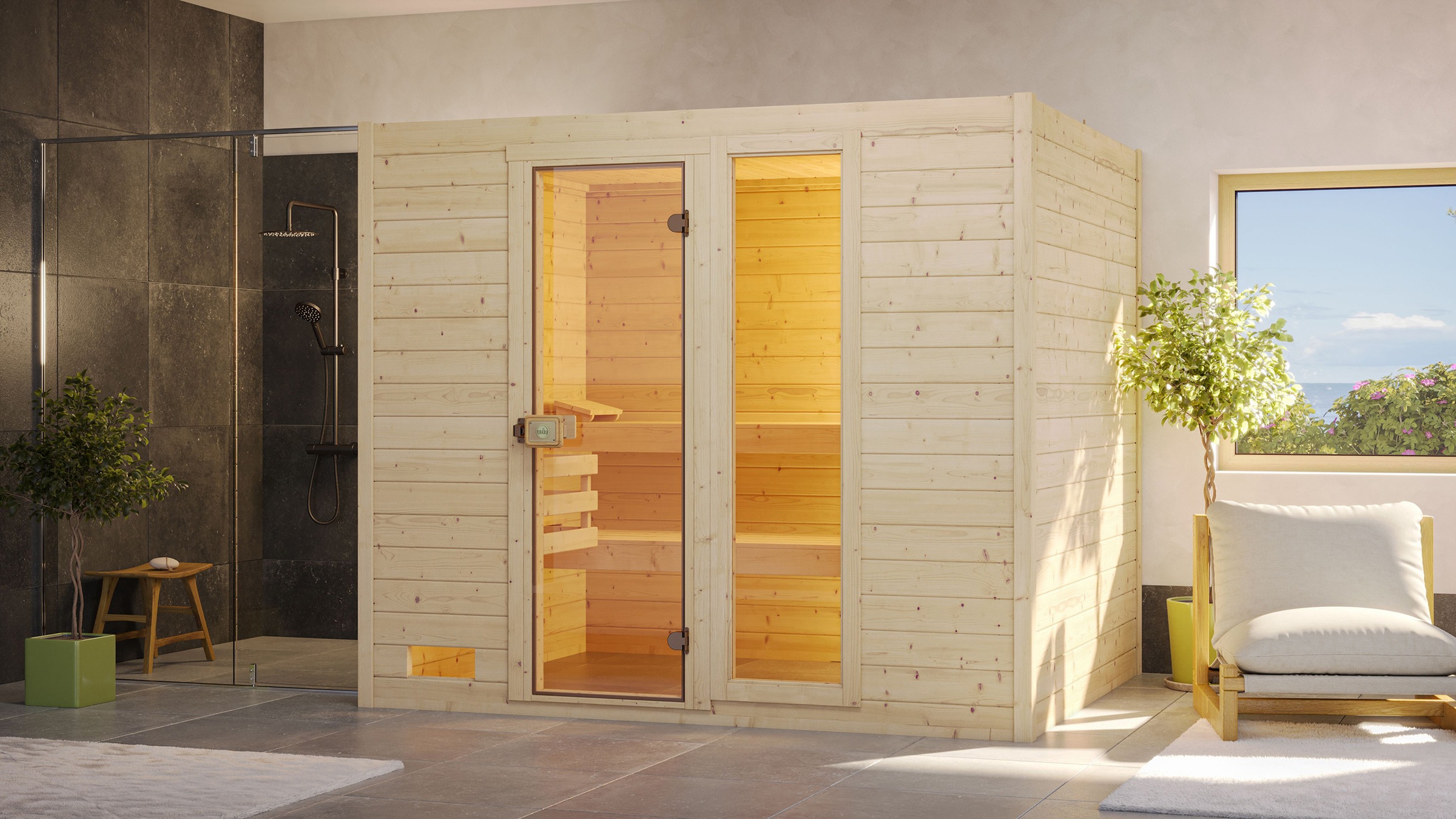 weka Sauna »Massivholzsauna VALIDA 4«, Blockbohlen, Fensterelement, moderne Ganzglastür