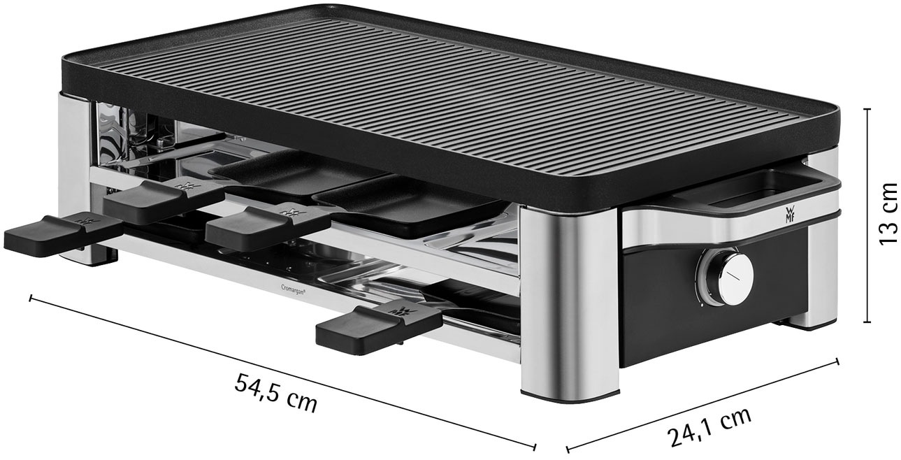 WMF Raclette »LONO, inkl. Parkebene für unbenutze Pfännchen«, 8 St. Raclettepfännchen, 1500 W, Spülmaschinengeeignete Pfannen und Spatel, antihaftbeschichtete Platte