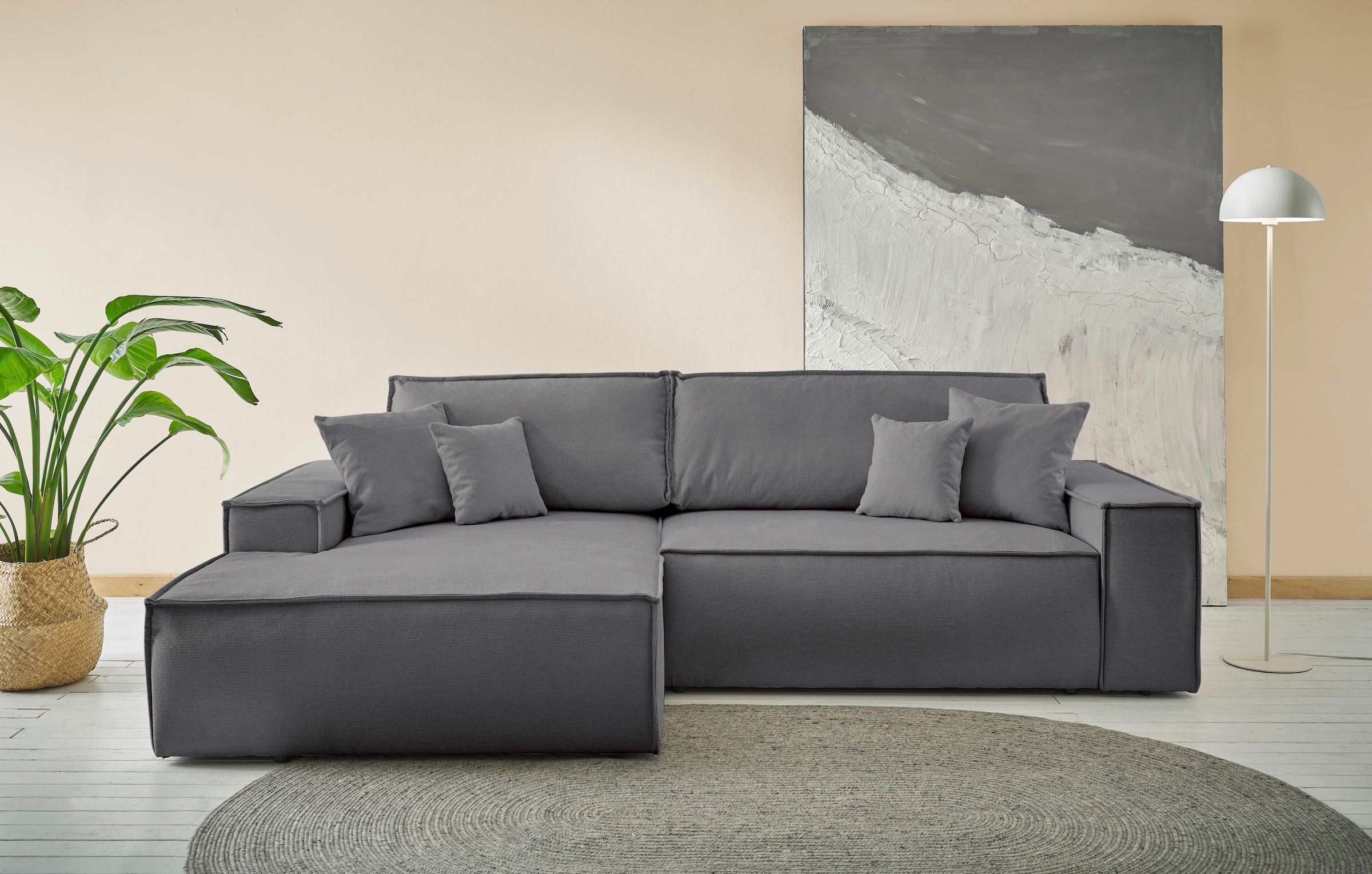 OTTO home Ecksofa "FINNLEY Struktur fein, L-Form 257 cm, Schlafsofa" mit Bettkasten, in Bouclé, Struktur fein und Mega Cord
