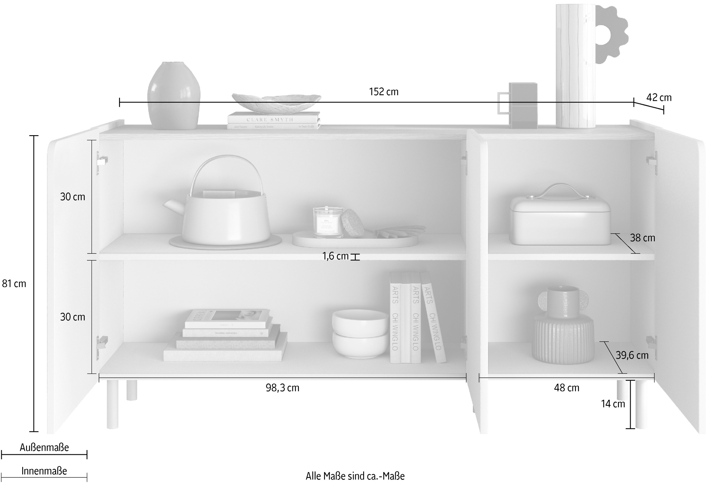 OTTO home Sideboard »Dobbiaco, 152 cm breit, 3 Türen, Anrichte, Kommode, Stauraumschrank« Innenliegendes Top, gerade Metallfüße, Tür mit Rundung