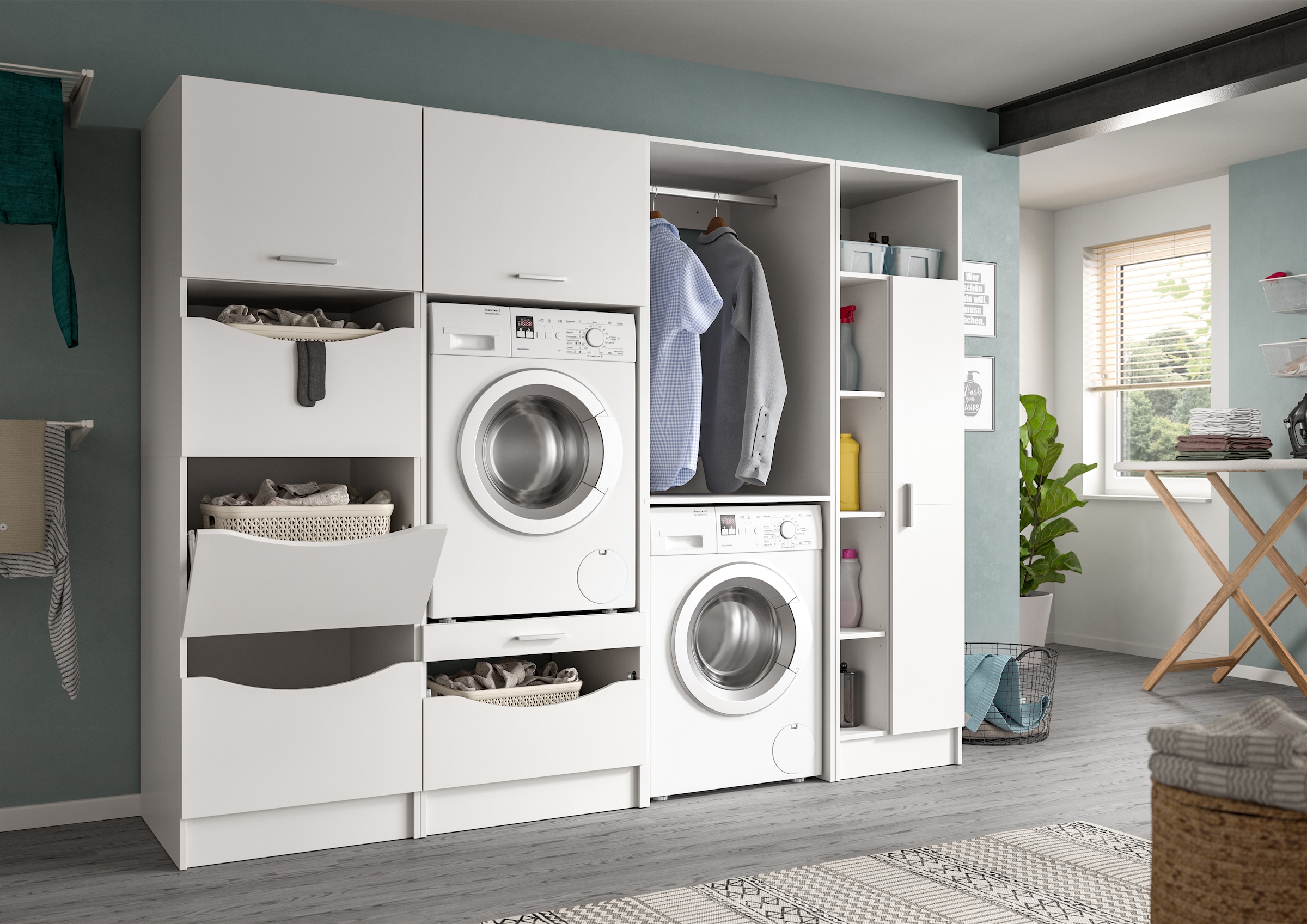 welltime Badmöbel-Set »FALAS, TOPSELLER!, 4-teilig, Hauswirtschaftsraum Set, Breite 248 cm« 1x Wäsche-, 2x Waschmaschinenumbau- & 1xMehrzweckschrank, 