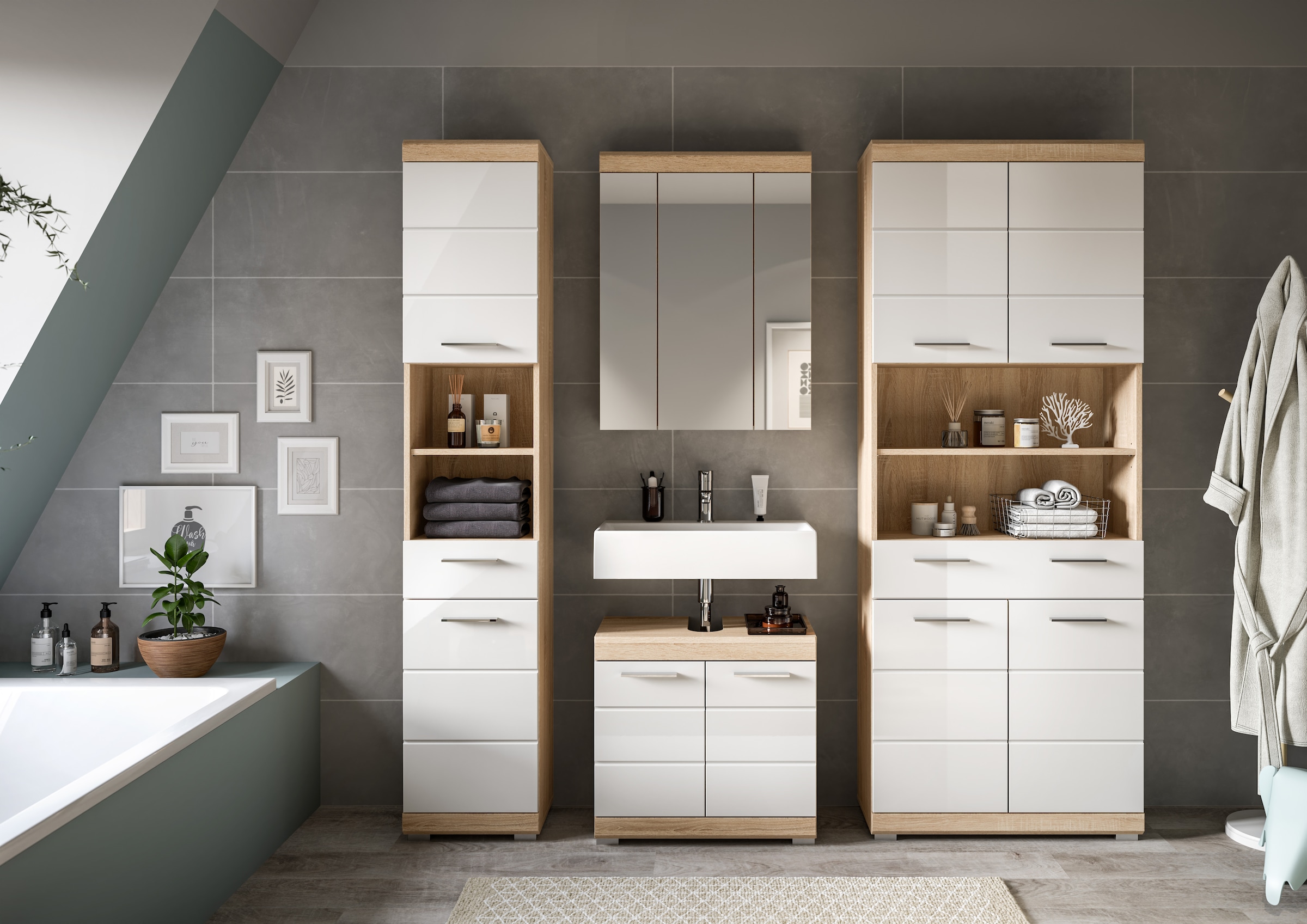 INOSIGN Badmöbel-Set »Siena, 4 teilig, bestehend aus:«, (Set), Hochschrank schmal, WBU, Spiegelschrank, Hochschrank breit