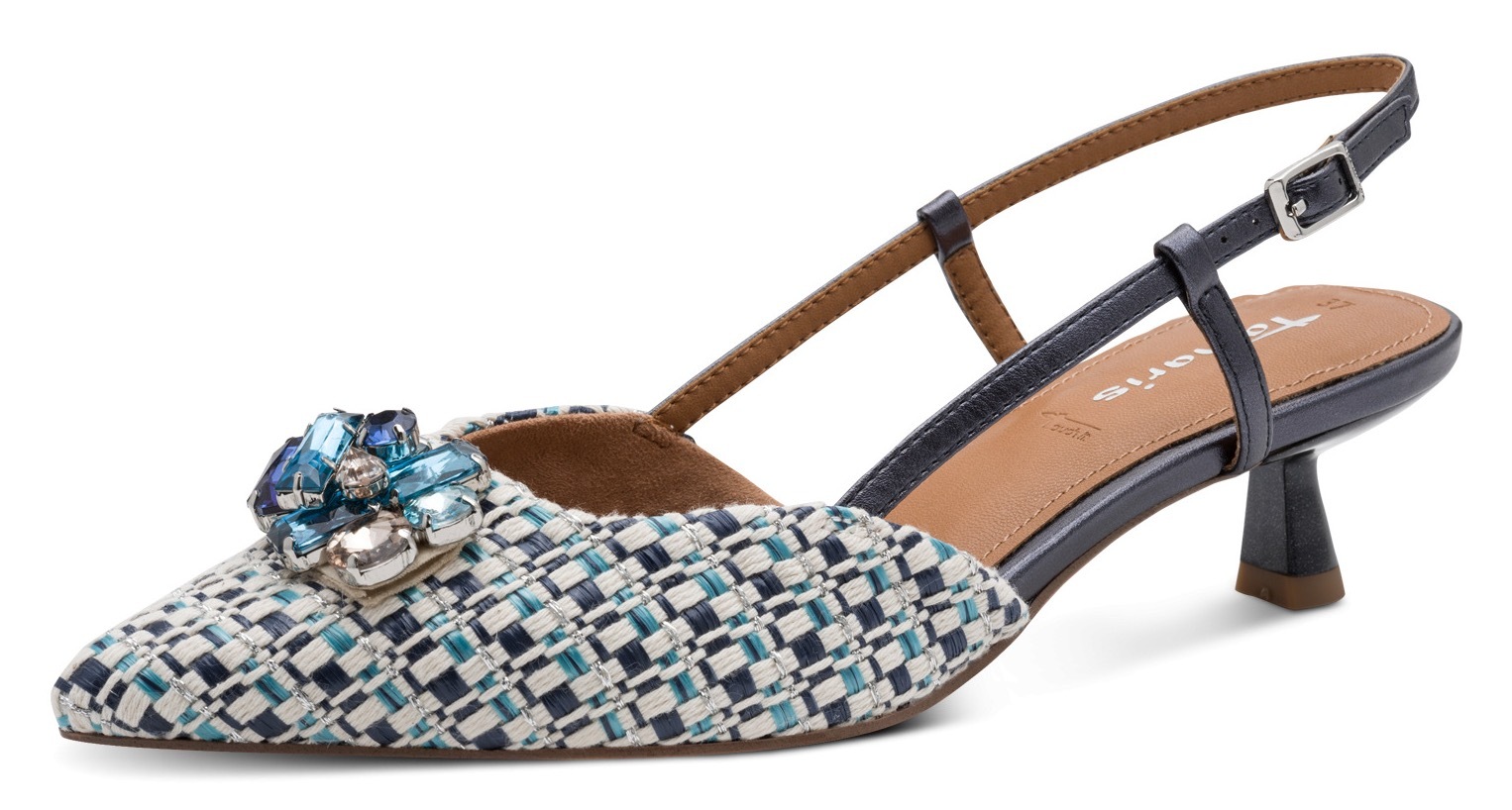 Slingpumps TAMARIS, Damen, Gr. 41, blau kombiniert, Lederimitat, Textil, kontrastfarbene Details, Schuhe Slingpumps, Trichterabsatz, Businesschuh, Festtagsschuh, glänzende Schmucksteine