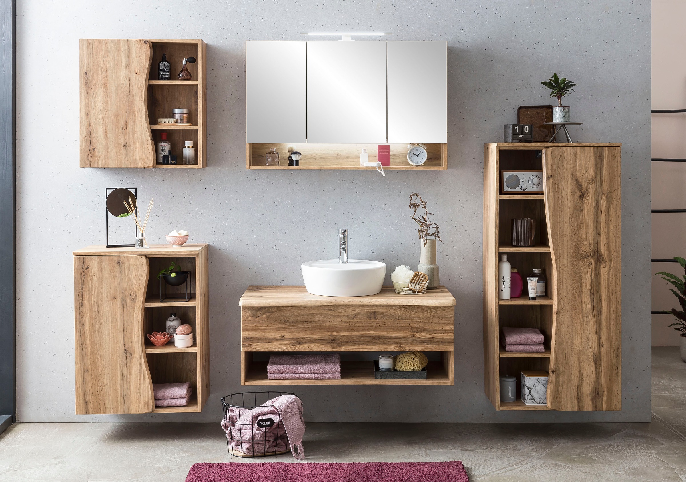 welltime Waschbeckenschrank »Stubach«, Bad, Abdeckplatte mit Baumkante, Breite 100 cm