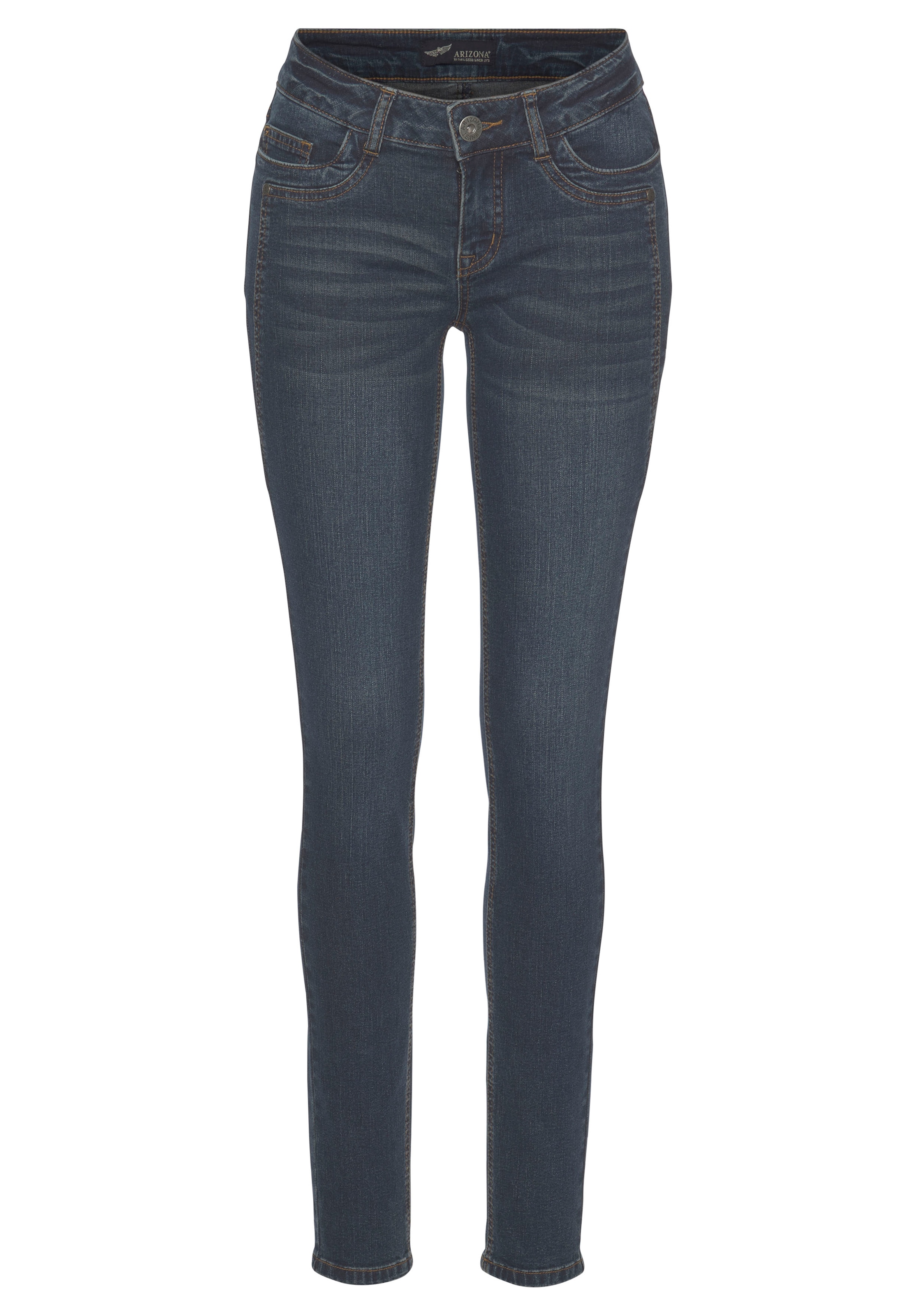 Skinny-fit-Jeans ARIZONA "mit Keileinsätzen", Damen, Gr. 40, N-Gr, blau (dunkelblau us), Denim/Jeans, Obermaterial: 76% Baumwolle, 16% Polyester, 7% Viskose, 1% Elasthan, Basic, skinny fit lang, Jeans, extra-enger Beinschnitt, niedrige Leibhöhe 3