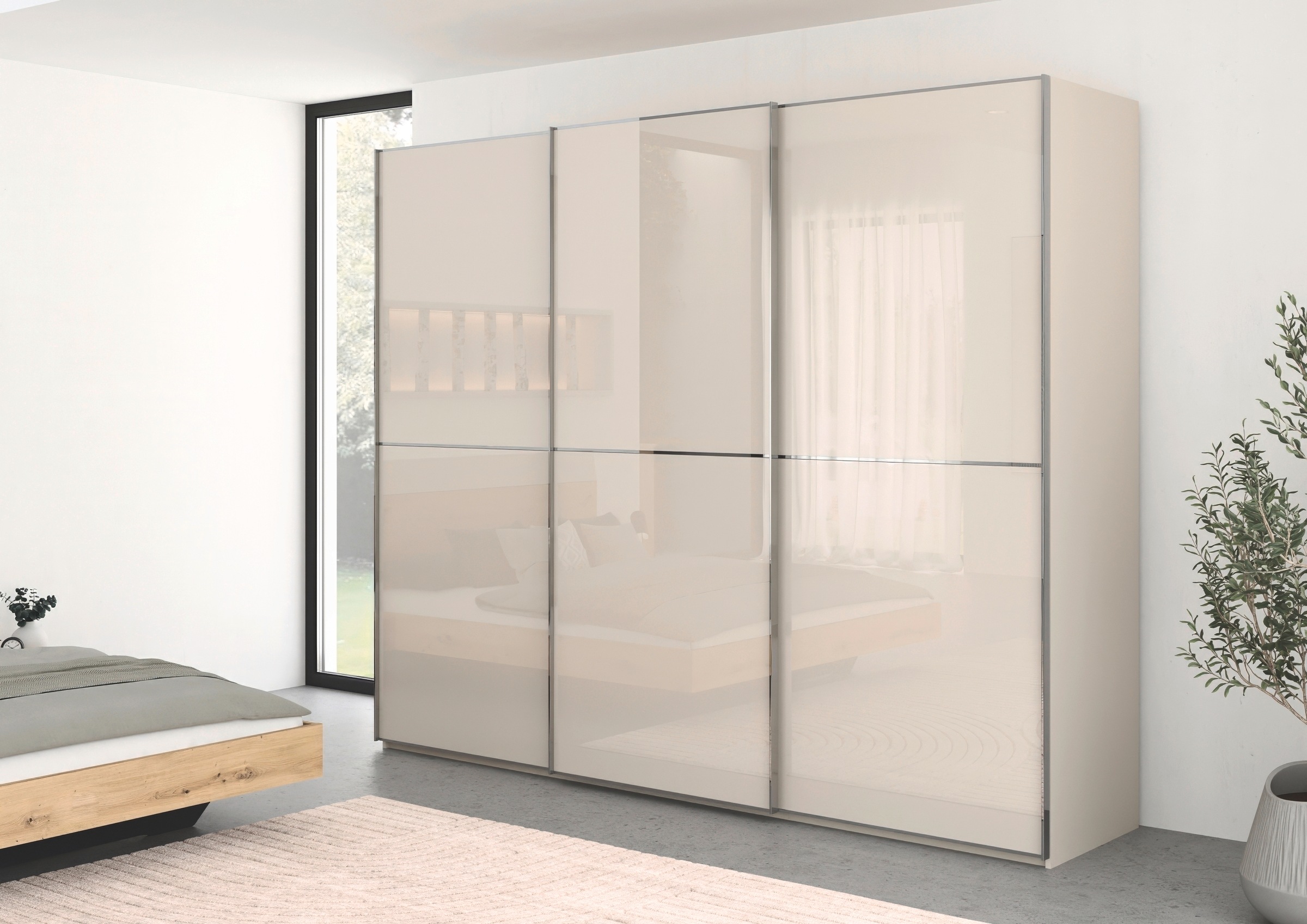 rauch Schwebetürenschrank »Kleiderschrank Schrank Garderobe Schlafzimmerschrank SCALE-DUO«, edle zweigeteilte Türen Glas-Front mit 3 Zierleisten MADE IN GERMANY