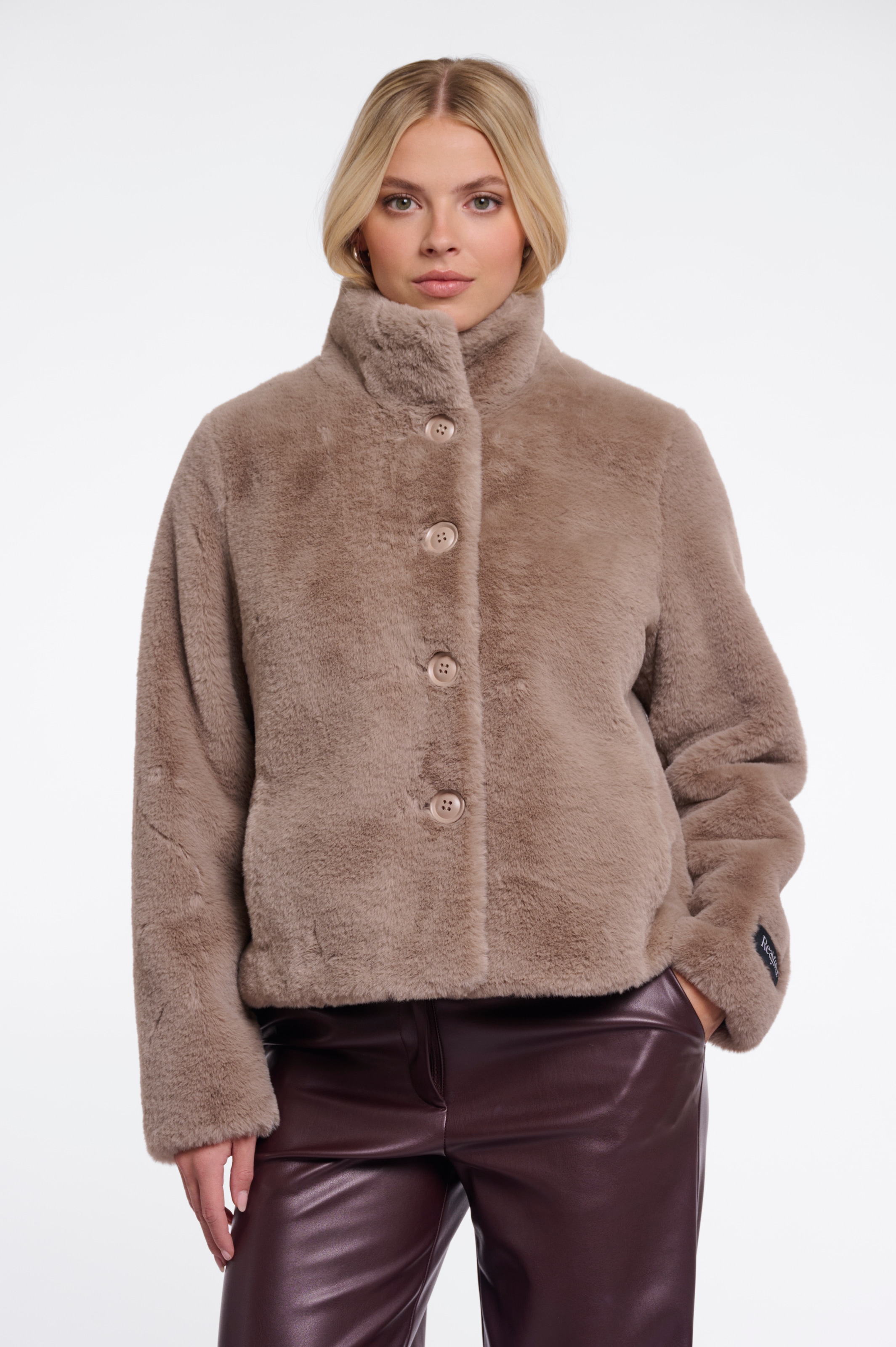 Rino & Pelle Fellimitatjacke ohne Kapuze Plüschjacke mit Knopfverschluss und Stehkragen