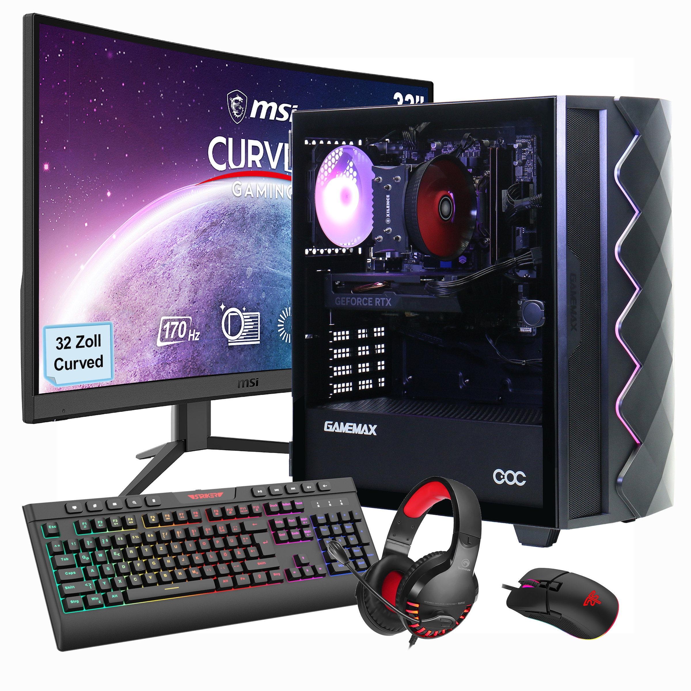 GAMEMAX PC-Komplettsystem »MegaDeal Gaming-PC-Set Diamond BK«, (inkl. Maus, Tastatur & Headset), Windows 11 + MSI G32C4 E2 Monitor Curved 80cm (32")