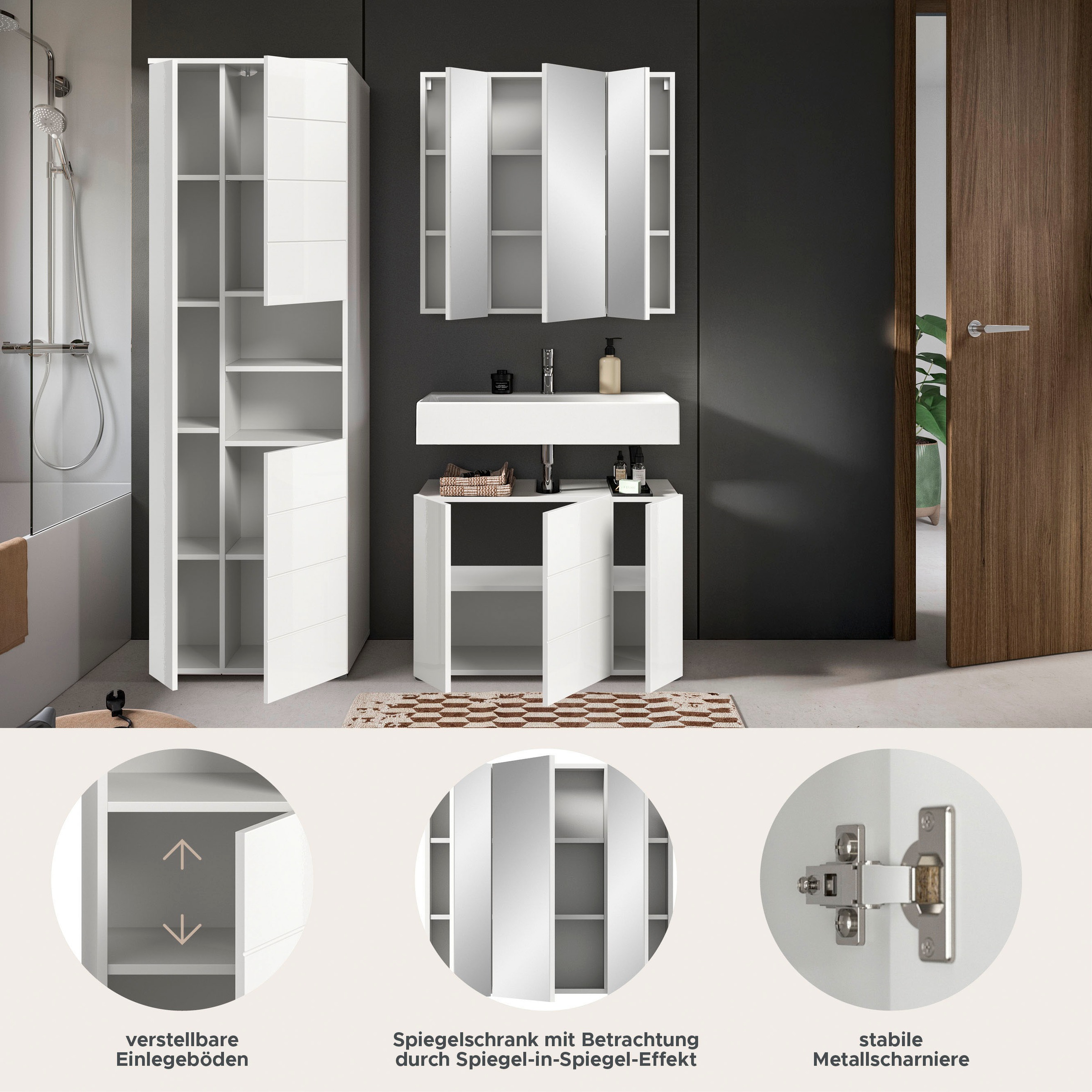 welltime Badmöbel-Set "Biel, Höhe 190 cm, Hochschrank, Unterschrank, Spiege günstig online kaufen