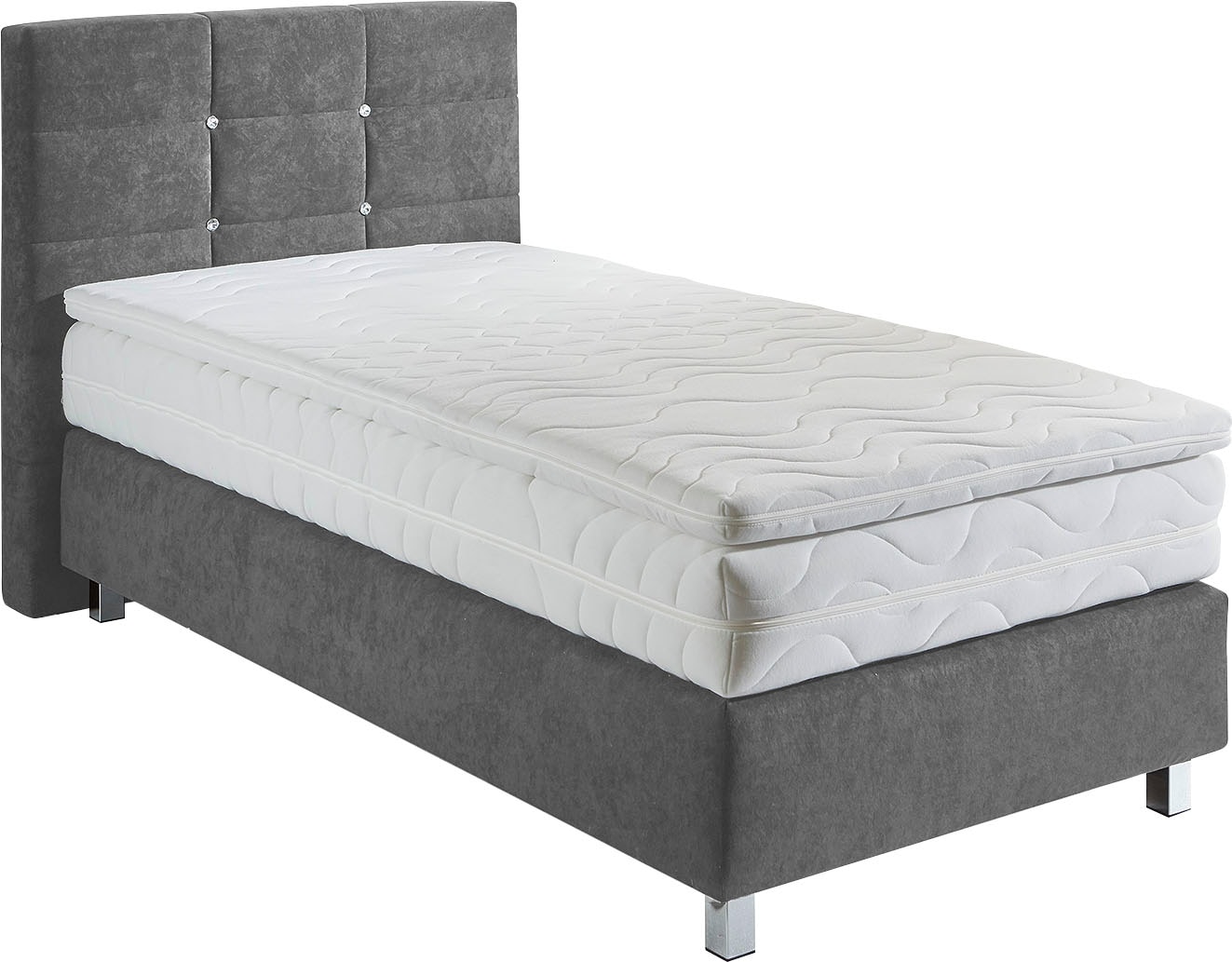 Boxspringbett, grau, B:135cm L:210cm, Bezug: Microvelours 100% Polyester;Polsterung: 100% Polyester, WESTFALIA SCHLAFKOMFORT, Komplettbetten, Boxspringbett, mit Knöpfen in Kristalloptik, wahlweise mit Topper