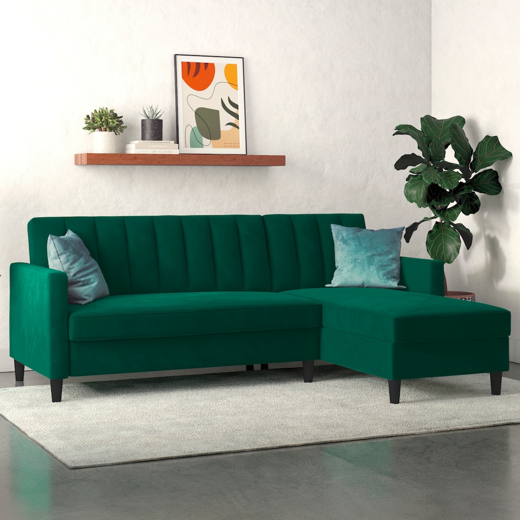 Dorel Home Ecksofa mit Schlafffunktion, Recamiere mit Stauraum beidseitig montierbar, Rückenlehne 2-teilig und 3-fach verstellbar