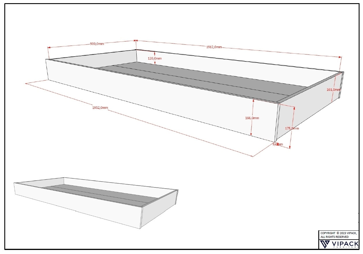 Vipack Bettschubkasten »auf Rollen, einfach Bedienung, einsetzbar bei Betten der Serie Forrest« Innenmaß ca. B/H/T: 190x12x90 cm, mit duchgehenden Bodenplatten,  als gelegentliches Zusatzbett oder als Stauraumfunktion einsetzbar