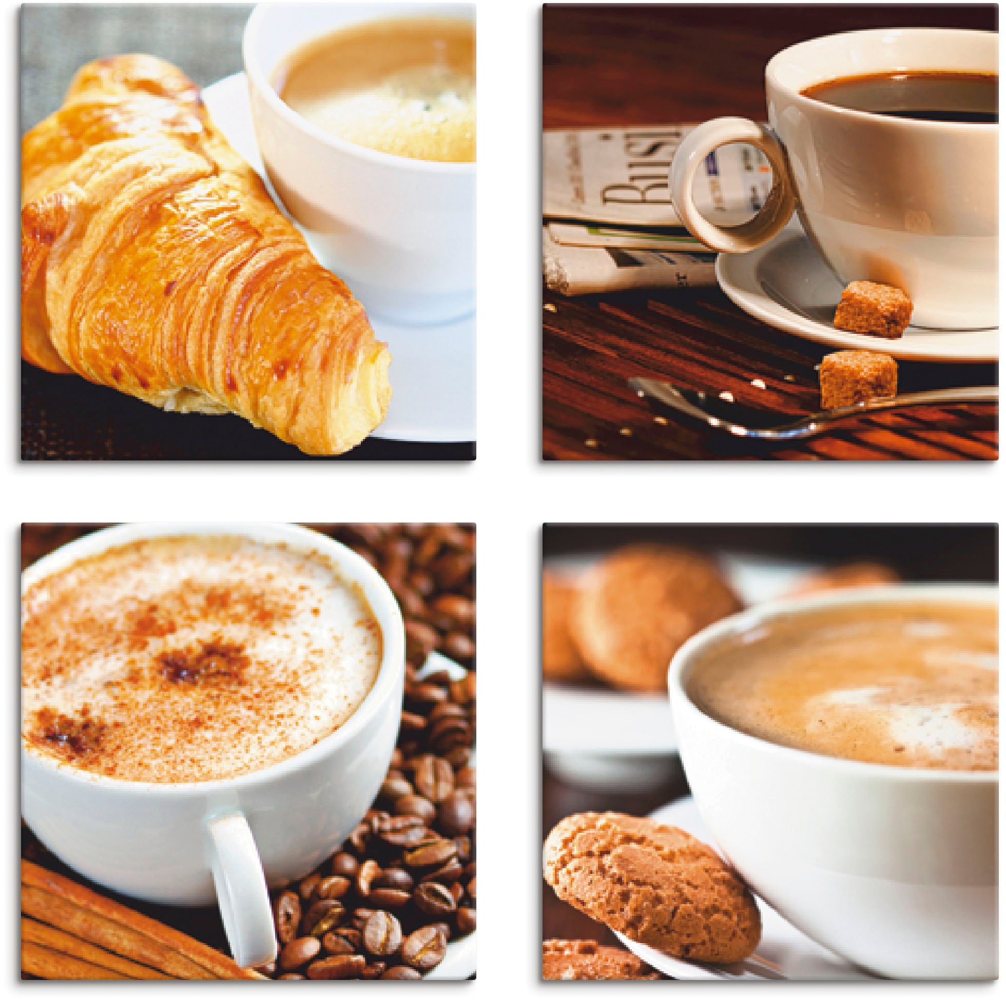 Artland Leinwandbild »Kaffeetassen und Zeitung, Milchkaffee«, Getränke, (4  St.), 4er Set, verschiedene Größen kaufen | BAUR