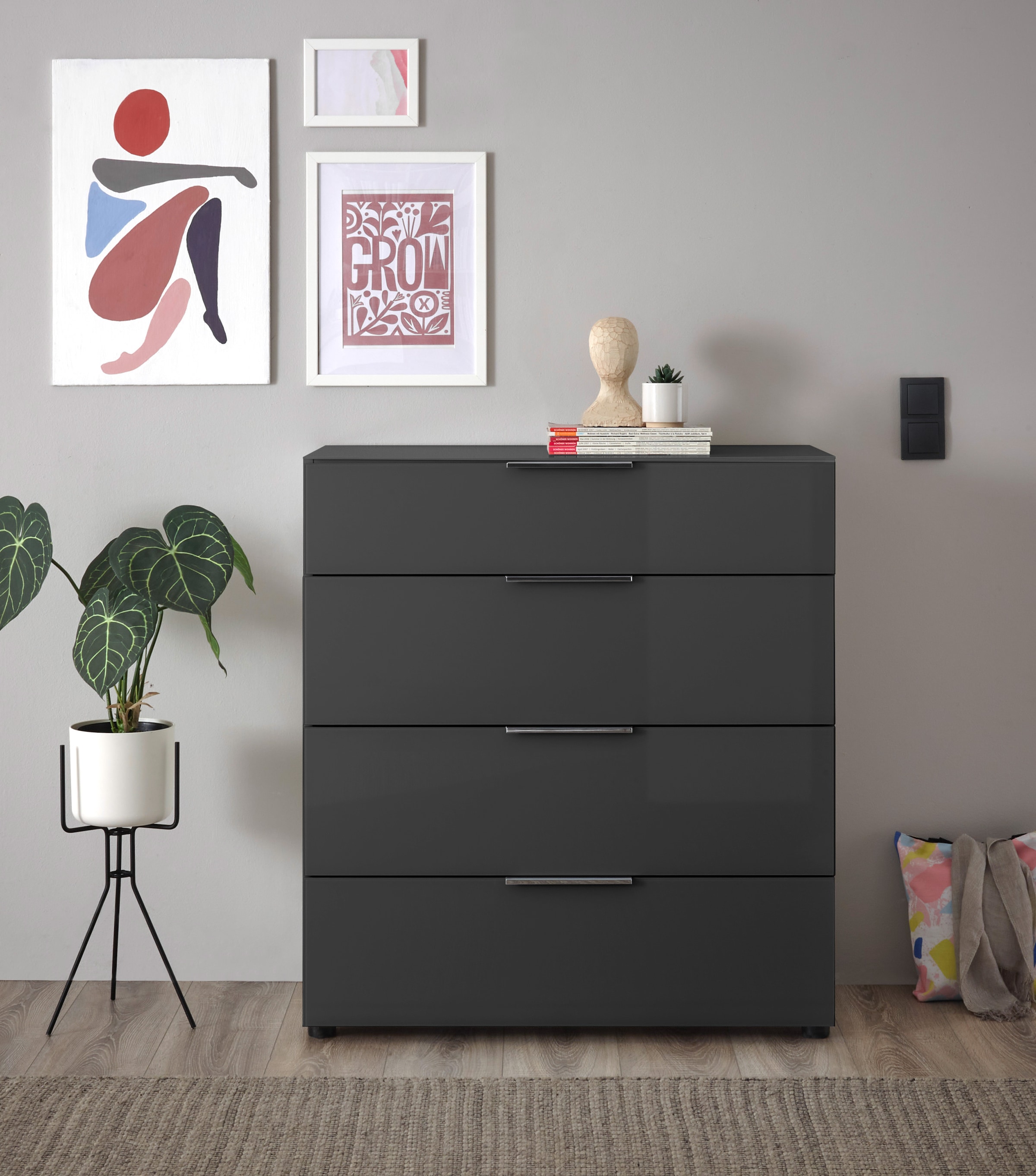 HBZ Kommode »Santorin Mehrzweckschrank mit Schubkästen, BxHxT 90x99x40 cm«, (1 St.), Mit 4 Schubkästen mit Softclose, Glasfront und Glasoberboden