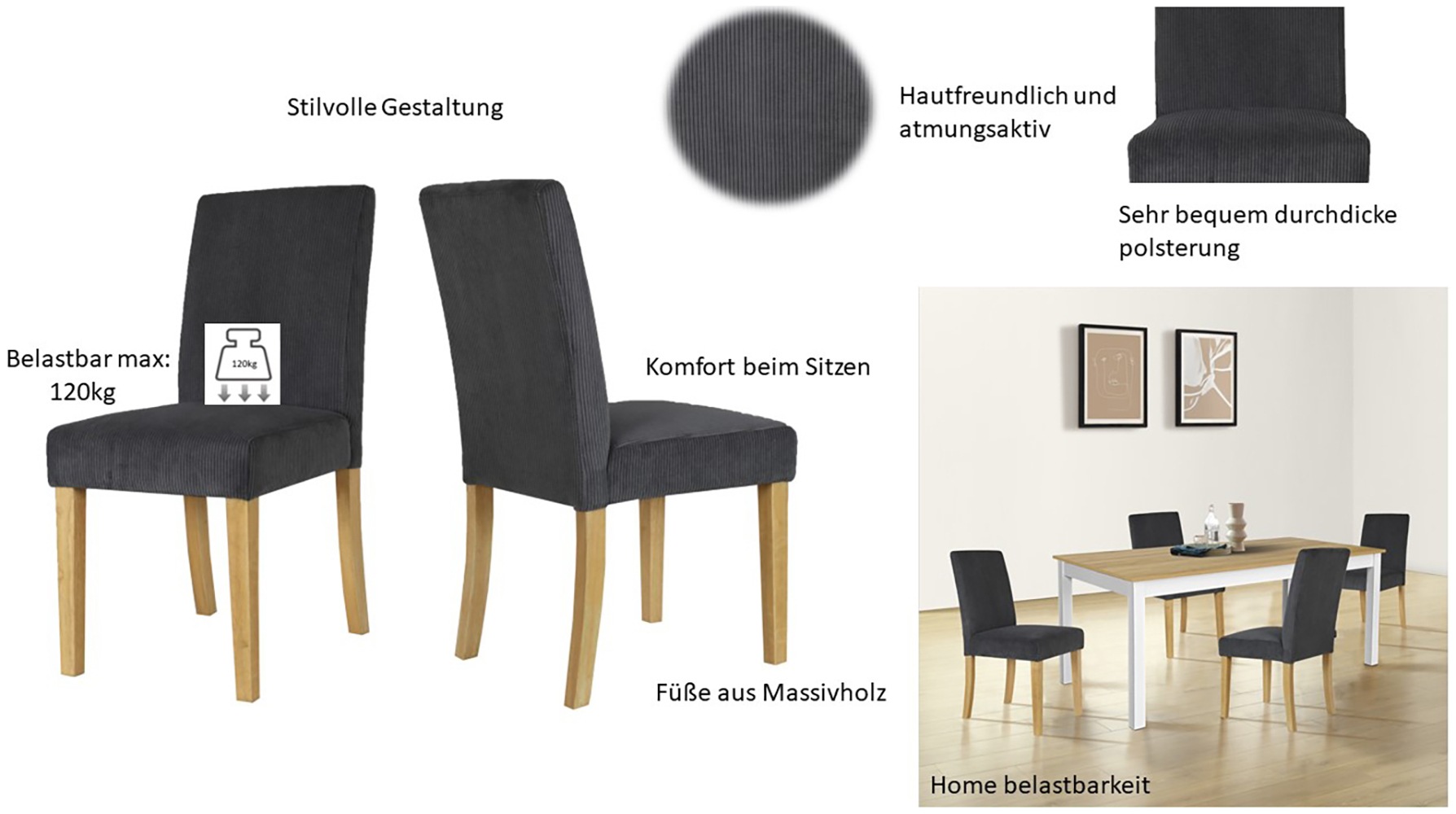 Home affaire Esszimmerstuhl »Winikon, TOPSELLER!«, (Set), 4 St., Cord, Massivholzgestell, moderner Cordbezug, bequem gepolstert