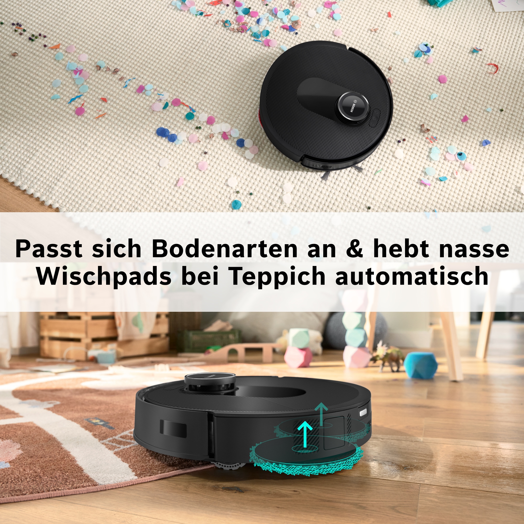 BOSCH Saugroboter »Spotless Max BCRDW3B, rotierende Wischpads, 70°C Selbstreinigung«, Datensicherheit, 11.000 Pa Saugkraft, Absaugstation, Carbon Bürste