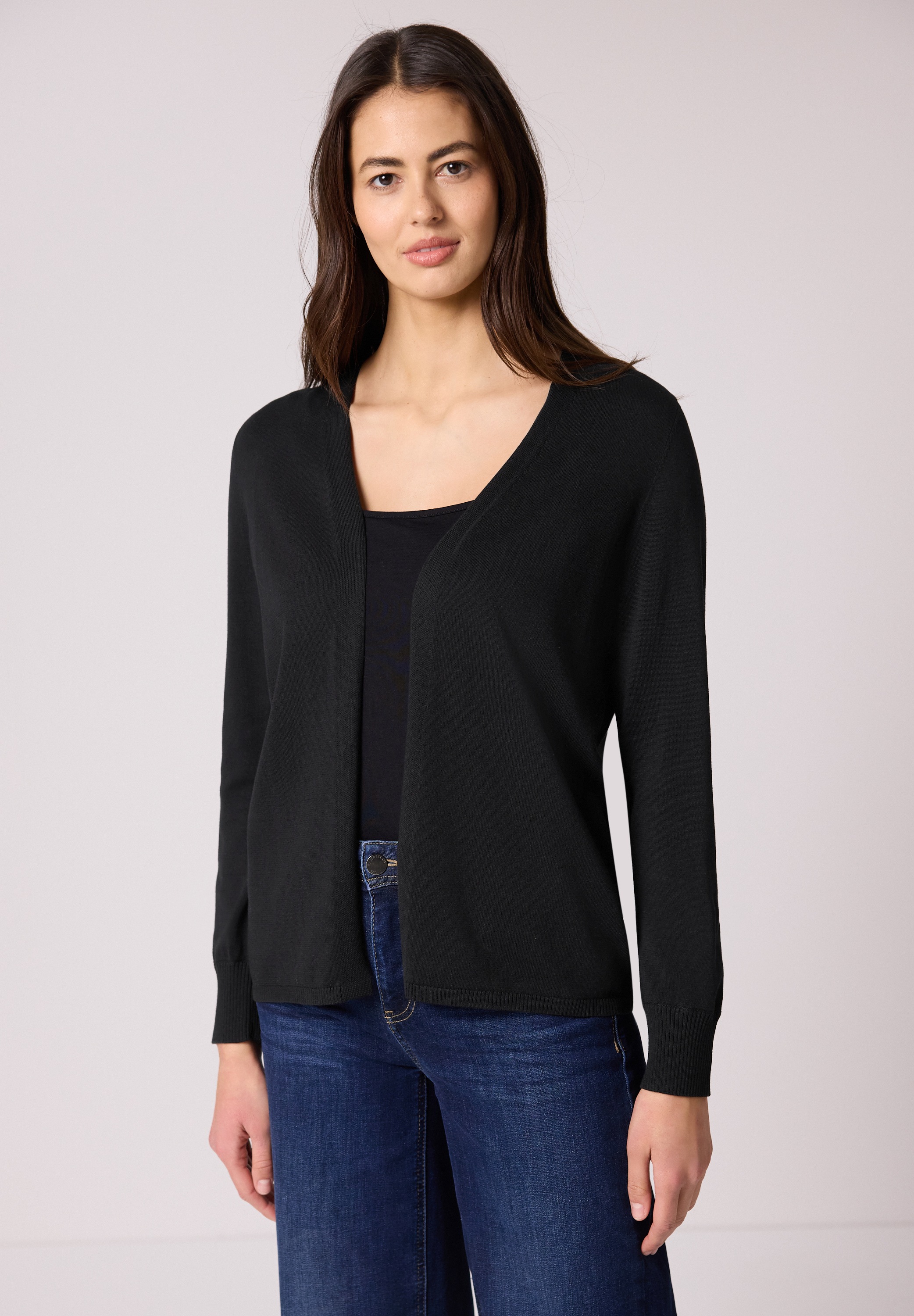 Cardigan STREET ONE, Damen, Gr. 42, schwarz, Stoff, 60% Viskose, 40% Baumwolle, unifarben, comfort fit normal, V-Ausschnitt, Bündchen, Strickjacken, mit Strick-Detail