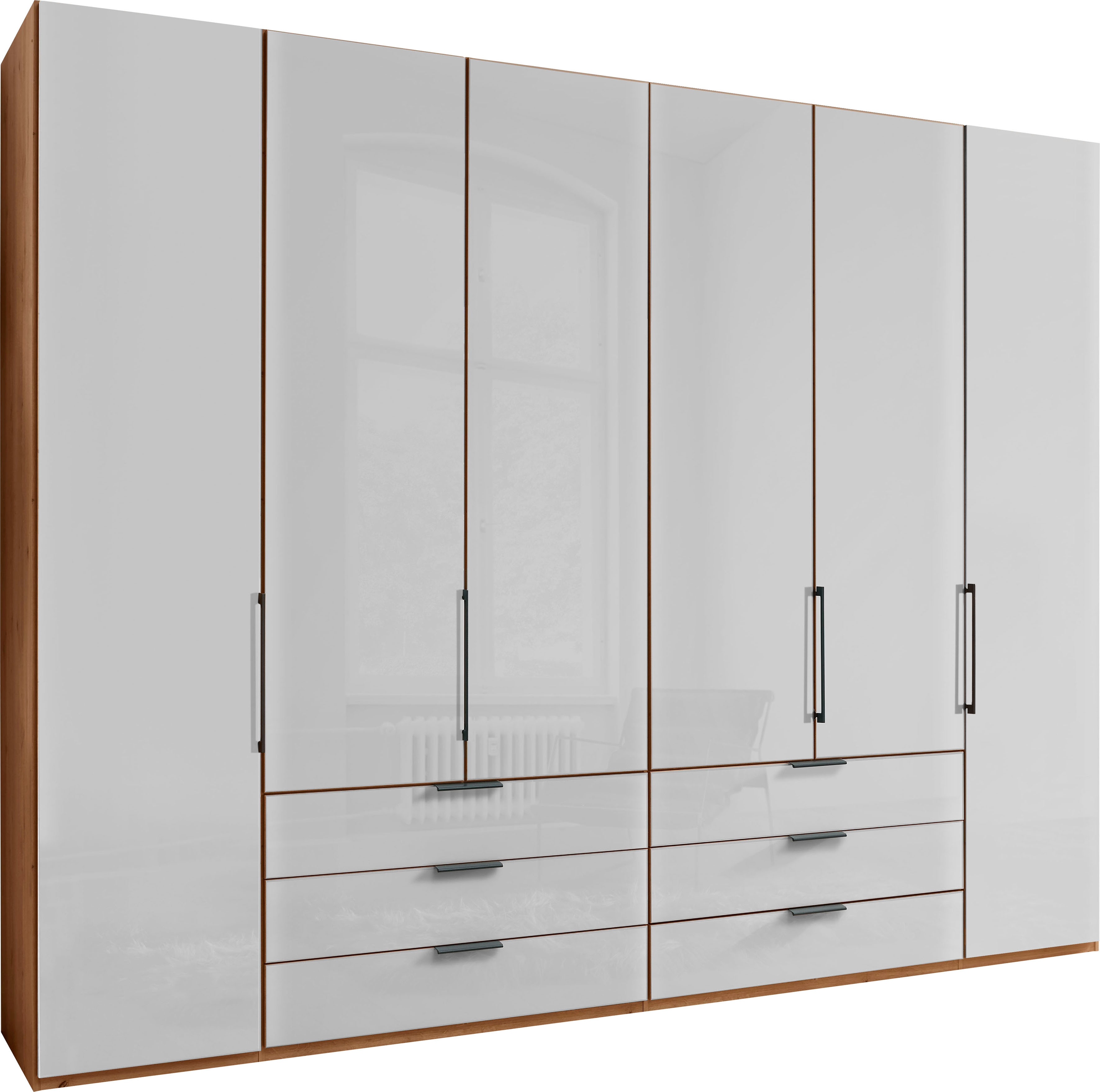 WIEMANN Falttürenschrank "Monaco, Kleiderschrank, Schrank, Wäscheschrank, mit edler Glasfront" 2 Breiten, 2 Höhen 216/236 cm auswählbar, MADE IN GERMANY, inkl. gepämpften Schubkästen und Türen, mit Panoramaöffnung