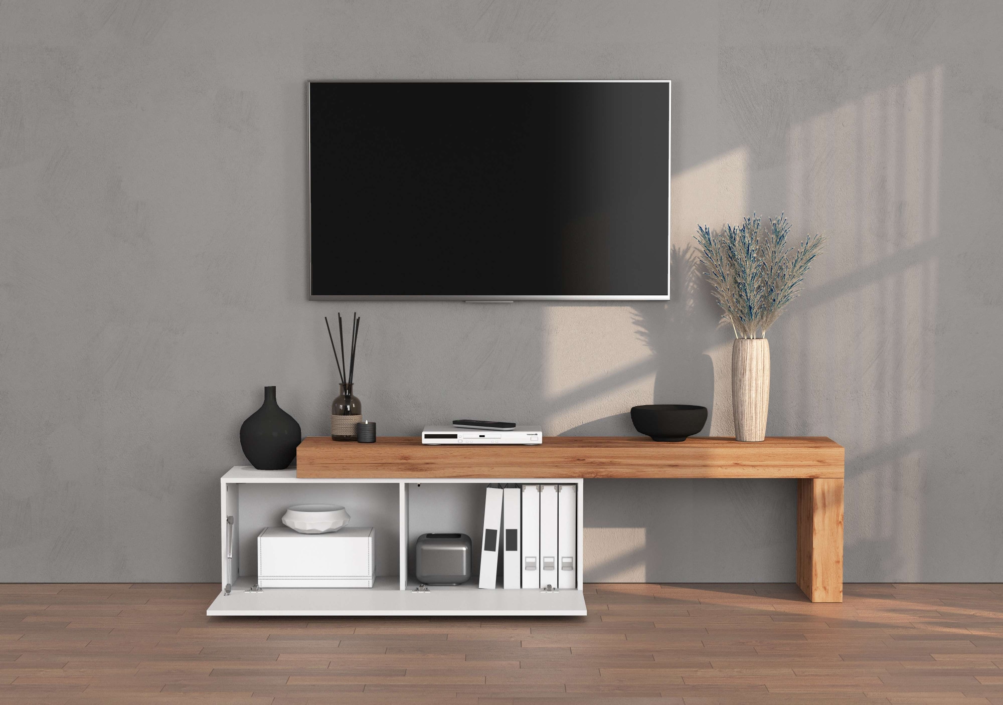 INOSIGN Lowboard »Chronos TV-Board, T-Schrank«, (1 St., Breite verstellbar von 180 bis 290 cm), Breite 240 cm TV-Board,Lowboard,1 Klappe und ein L-Förmiger Aufsatz