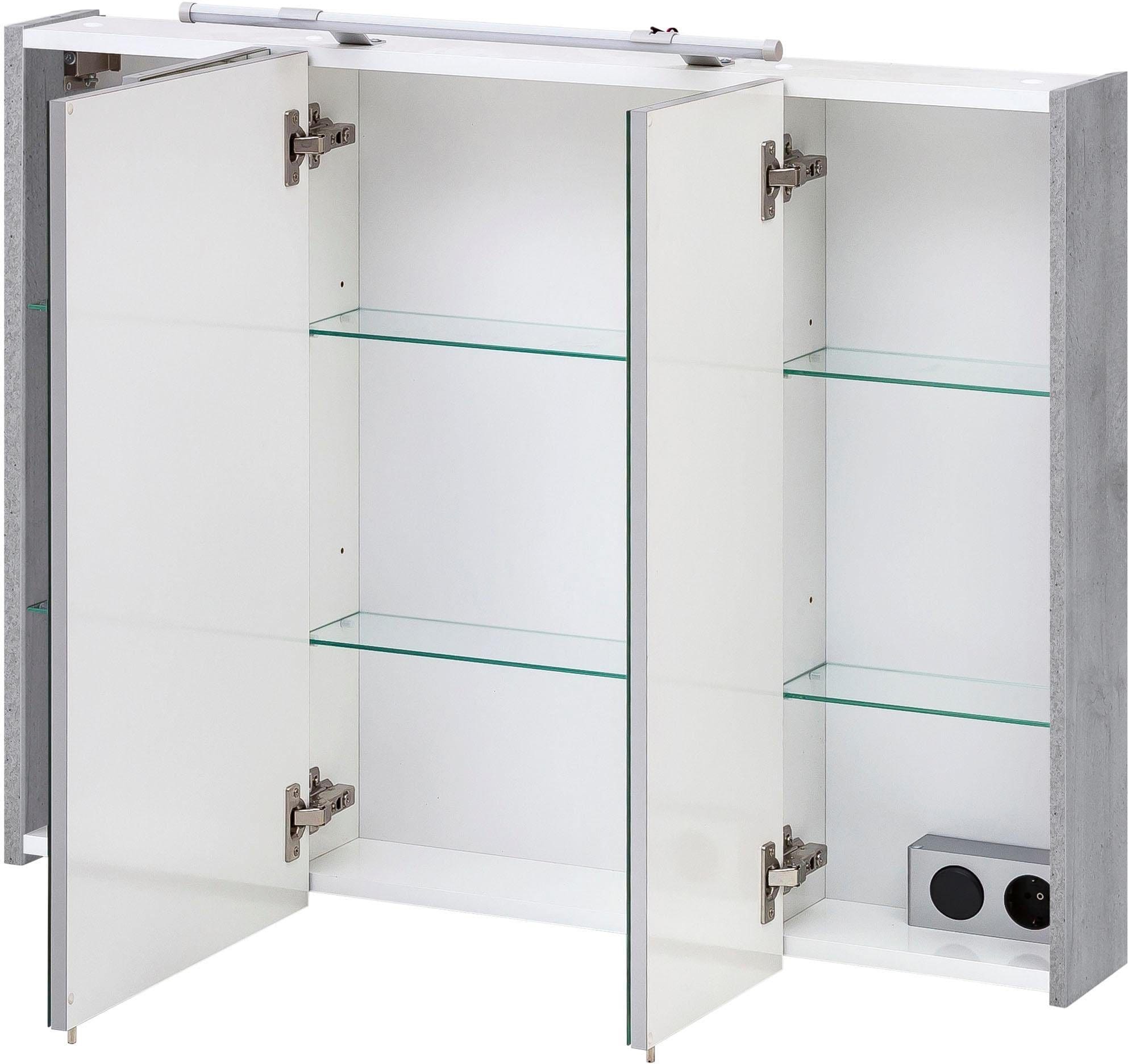 Schildmeyer Spiegelschrank »Dorina, mit höhenverstellbaren Glasböden«, Breite 90 cm, 3-türig, LED-Beleuchtung, Schalter-/Steckdosenbox